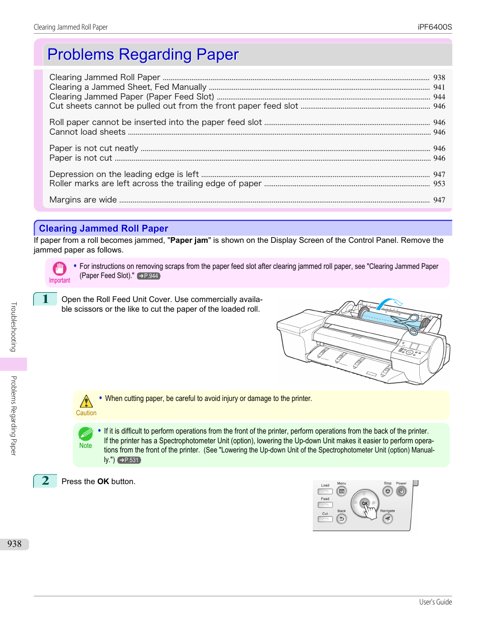 Problems regarding paper, Clearing jammed roll paper | Canon imagePROGRAF iPF6400S User Manual | Page 938 / 1022