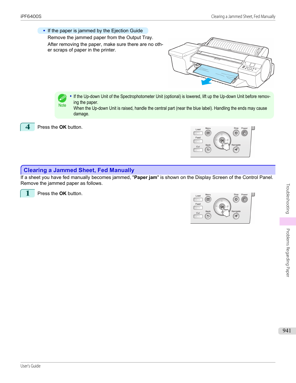 Clearing a jammed sheet, fed manually | Canon imagePROGRAF iPF6400S User Manual | Page 941 / 1022