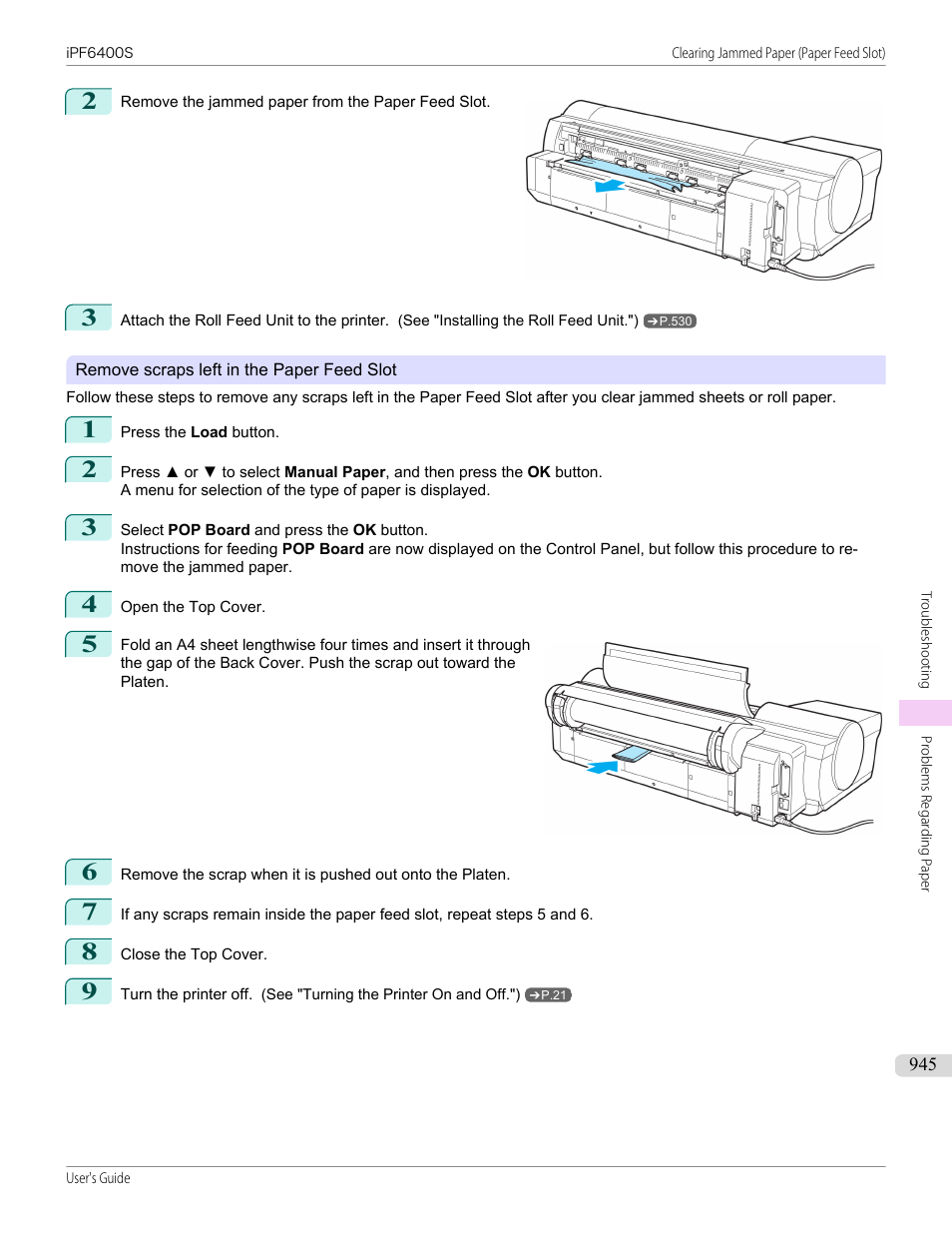 Remove scraps left in the, Paper feed slot, P.945 | Canon imagePROGRAF iPF6400S User Manual | Page 945 / 1022