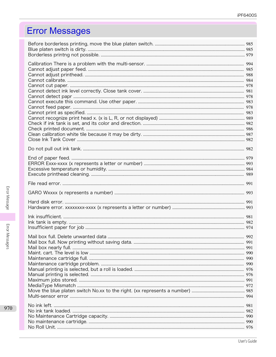 Error messages, See "error messages, P.970 | Canon imagePROGRAF iPF6400S User Manual | Page 970 / 1022