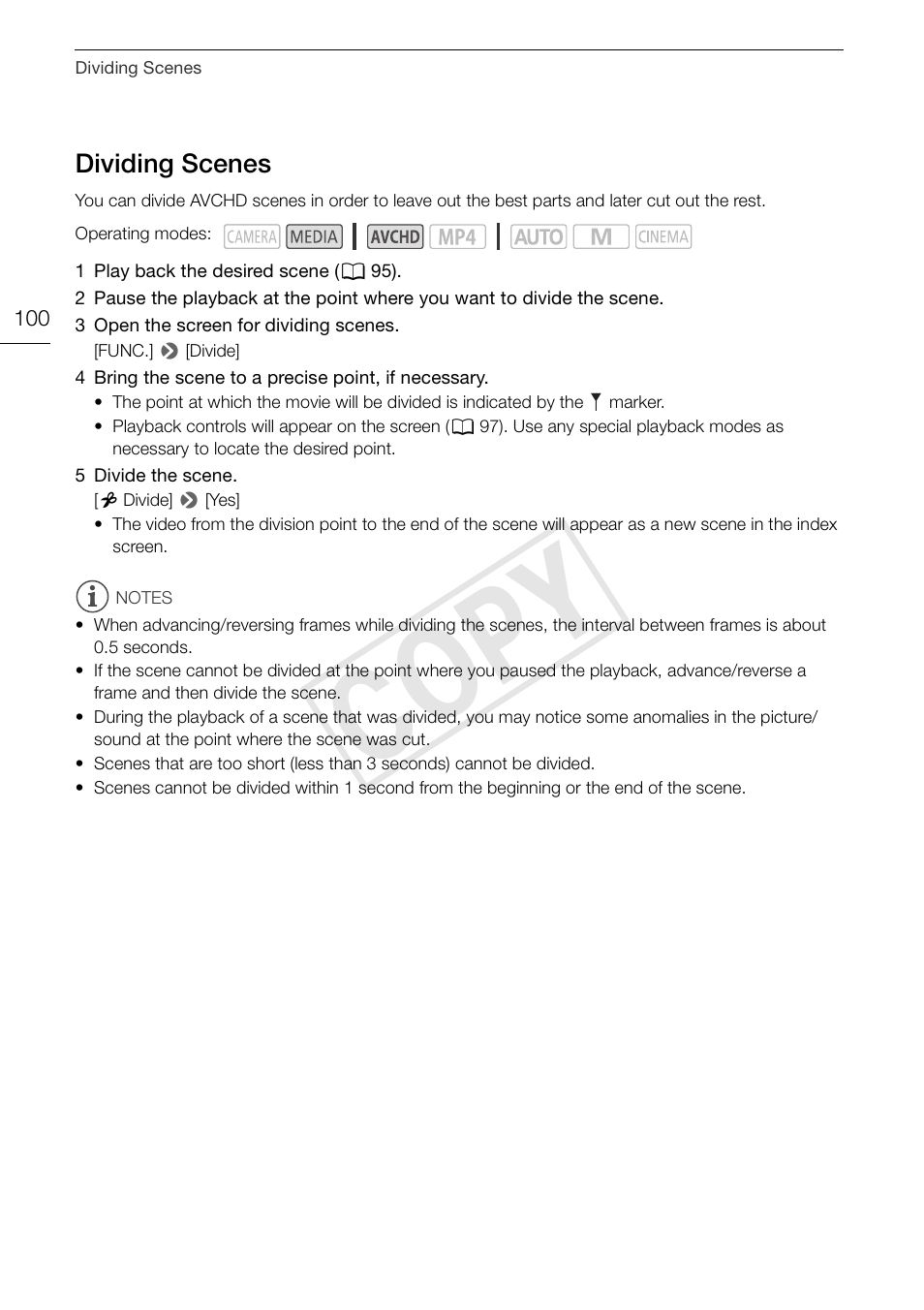 Dividing scenes 100, Cop y | Canon VIXIA HF G30 User Manual | Page 100 / 189