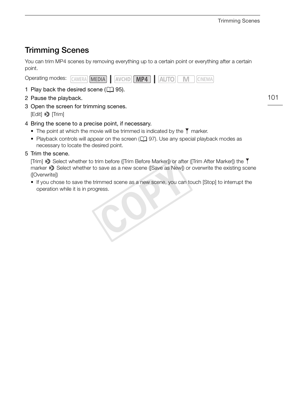 Trimming scenes 101, Cop y | Canon VIXIA HF G30 User Manual | Page 101 / 189