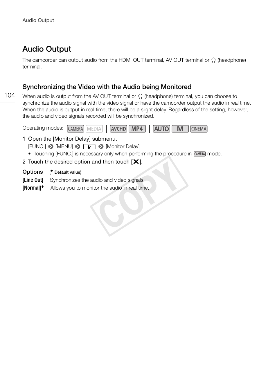 Audio output 104, Synchronizing the video with the audio, Being monitored 104 | Cop y | Canon VIXIA HF G30 User Manual | Page 104 / 189