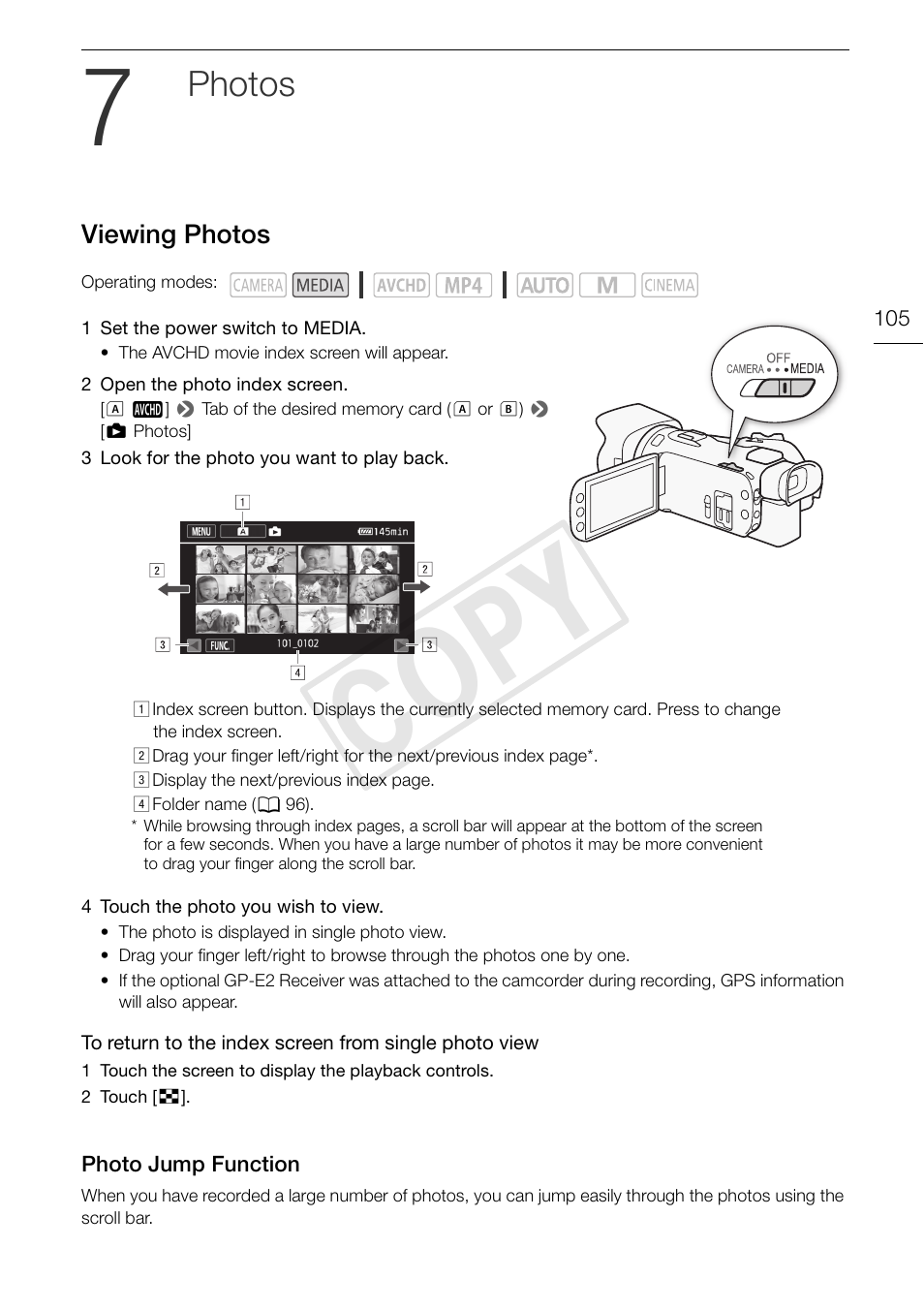7 photos 105, Viewing photos 105, Photo jump function 105 | Cop y, Photos | Canon VIXIA HF G30 User Manual | Page 105 / 189