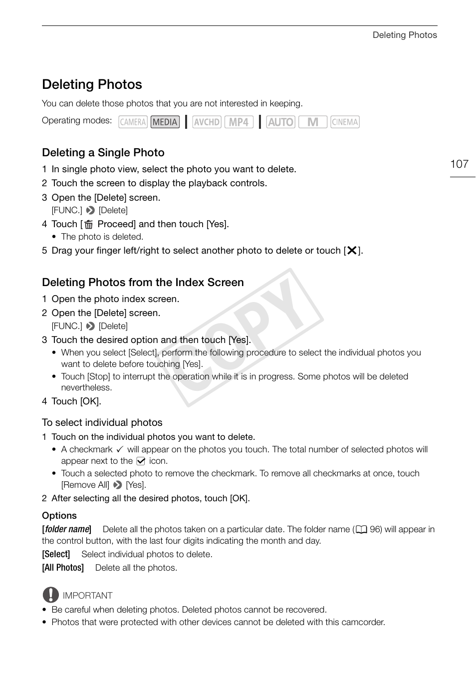 Deleting photos 107, Screen 107, Cop y | Deleting photos | Canon VIXIA HF G30 User Manual | Page 107 / 189
