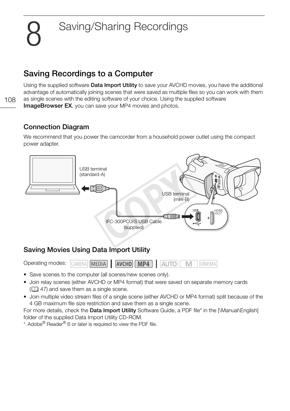 8 saving/sharing, Recordings 108, Saving recordings to a computer 108 | Utility 108, Cop y, Saving/sharing recordings | Canon VIXIA HF G30 User Manual | Page 108 / 189
