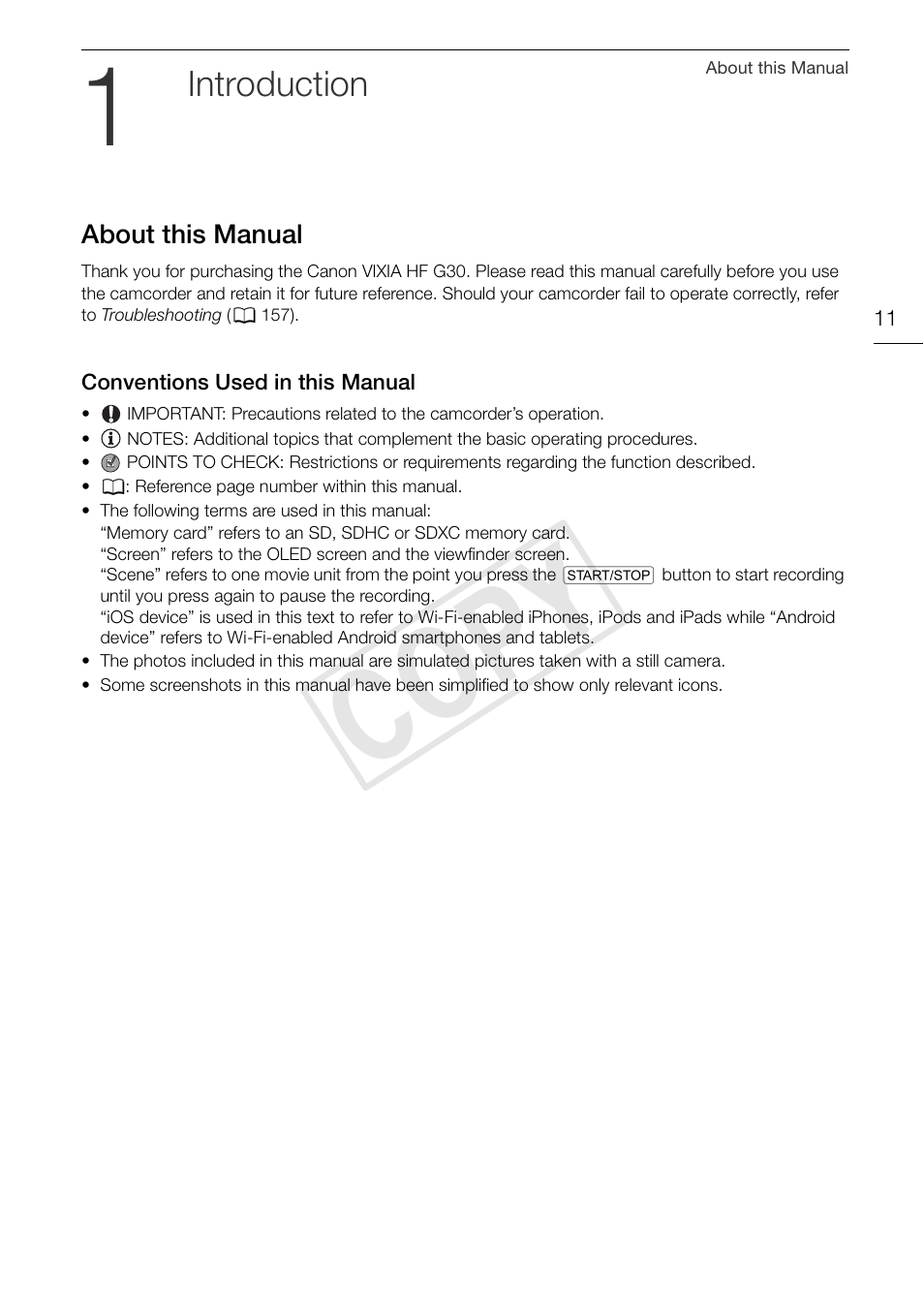 1 introduction 11, About this manual 11, Conventions used in this manual 11 | Cop y | Canon VIXIA HF G30 User Manual | Page 11 / 189