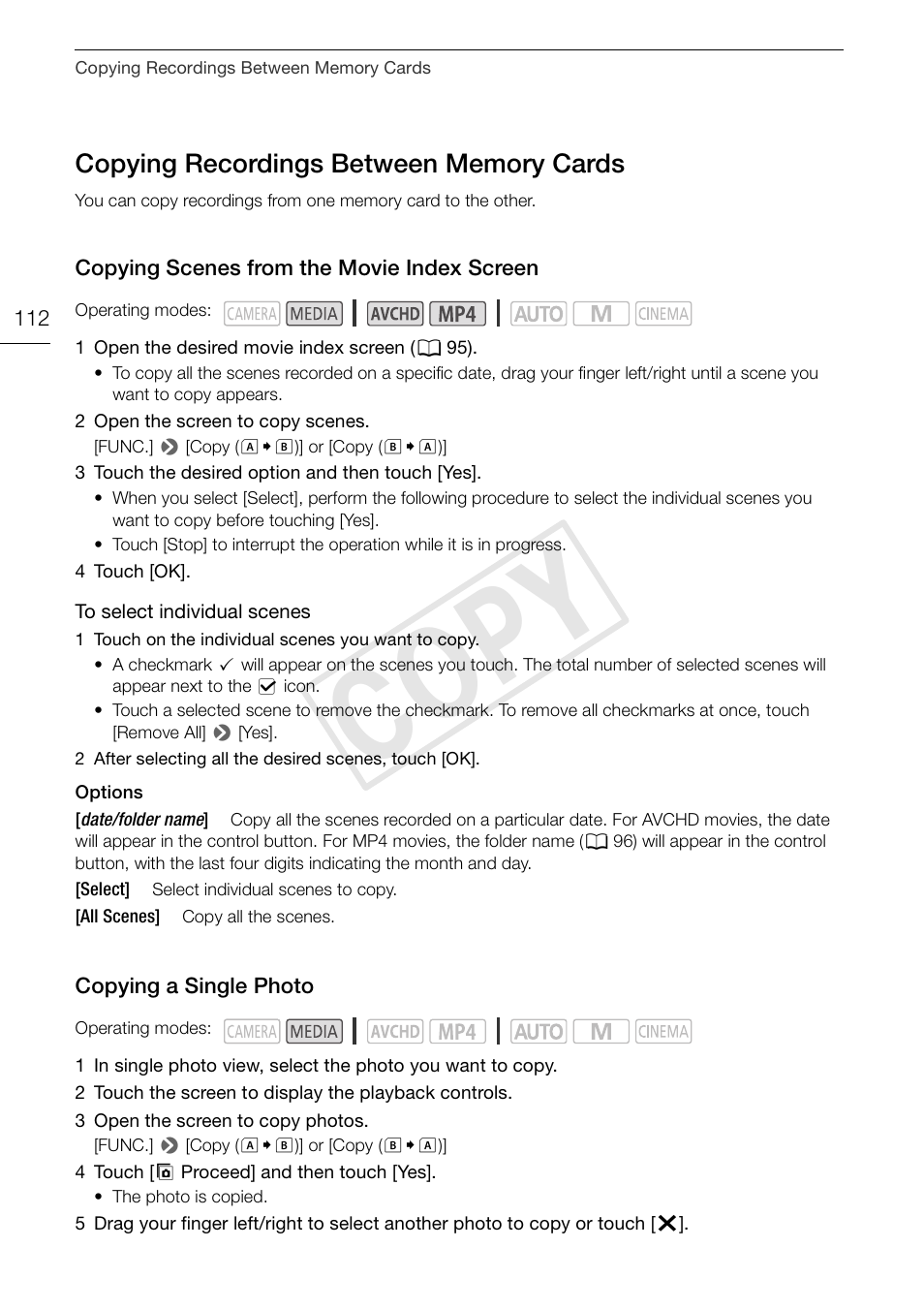 Copying recordings between memory, Cards 112 copying scenes from the movie index, Screen 112 | Copying a single photo 112, Cop y | Canon VIXIA HF G30 User Manual | Page 112 / 189