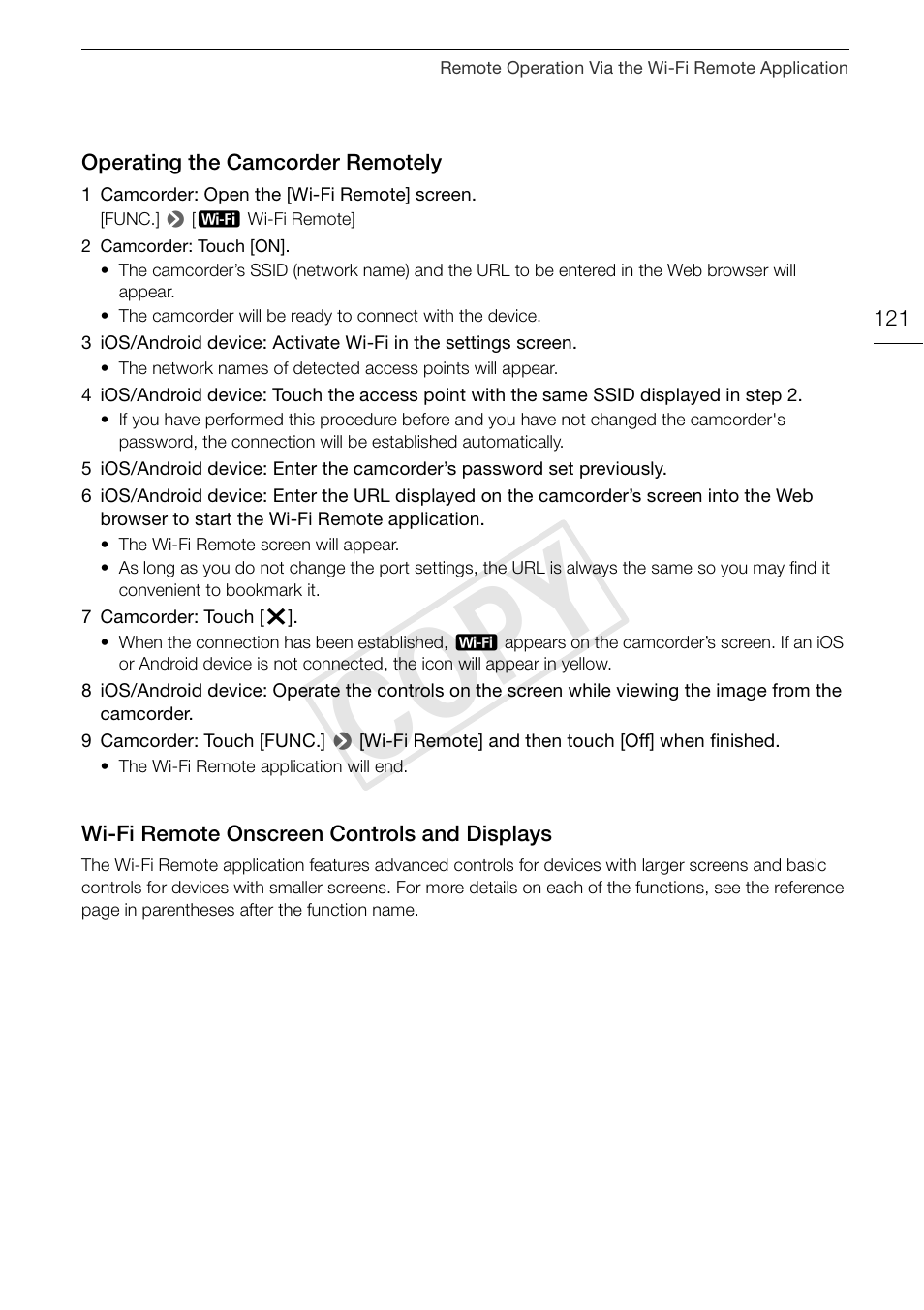 Operating the camcorder, Remotely 121, Wi-fi remote onscreen controls and | Displays 121, Cop y | Canon VIXIA HF G30 User Manual | Page 121 / 189