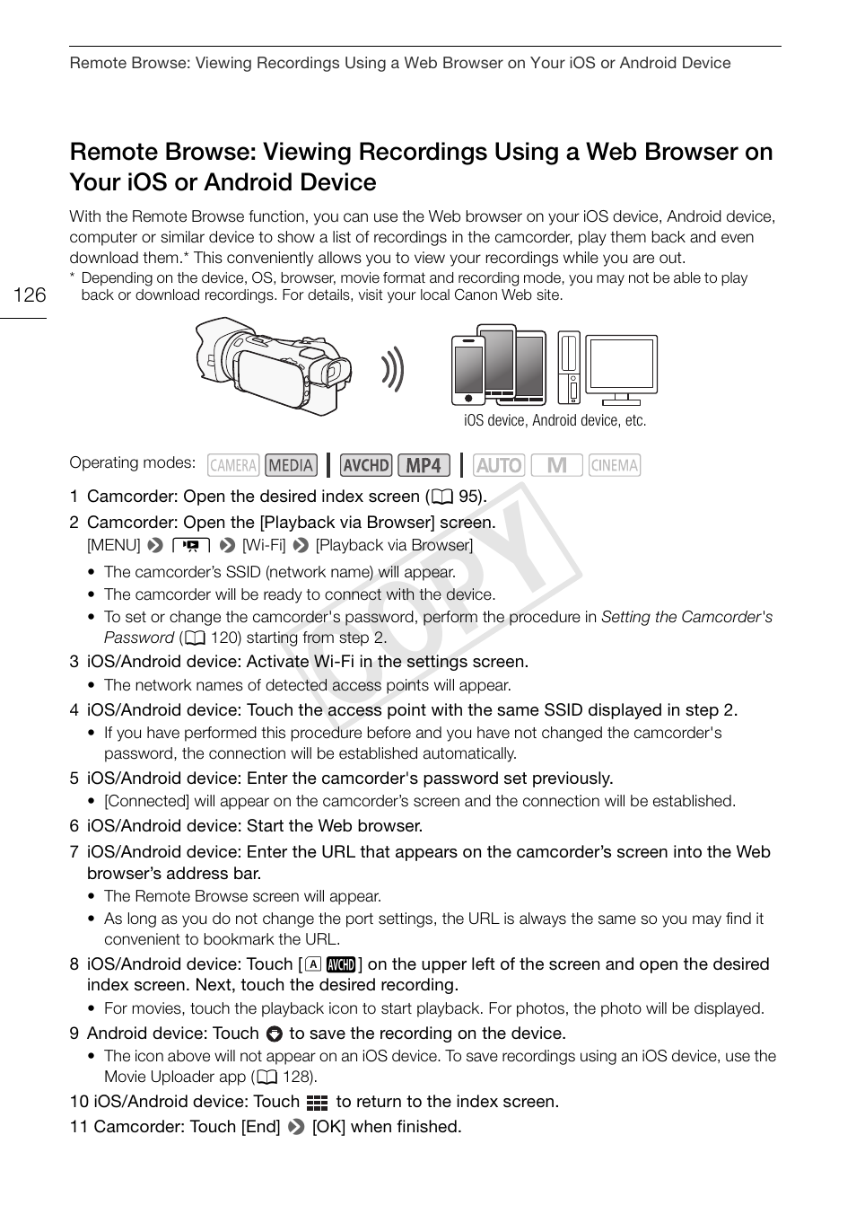 Remote browse: viewing recordings, Cop y | Canon VIXIA HF G30 User Manual | Page 126 / 189