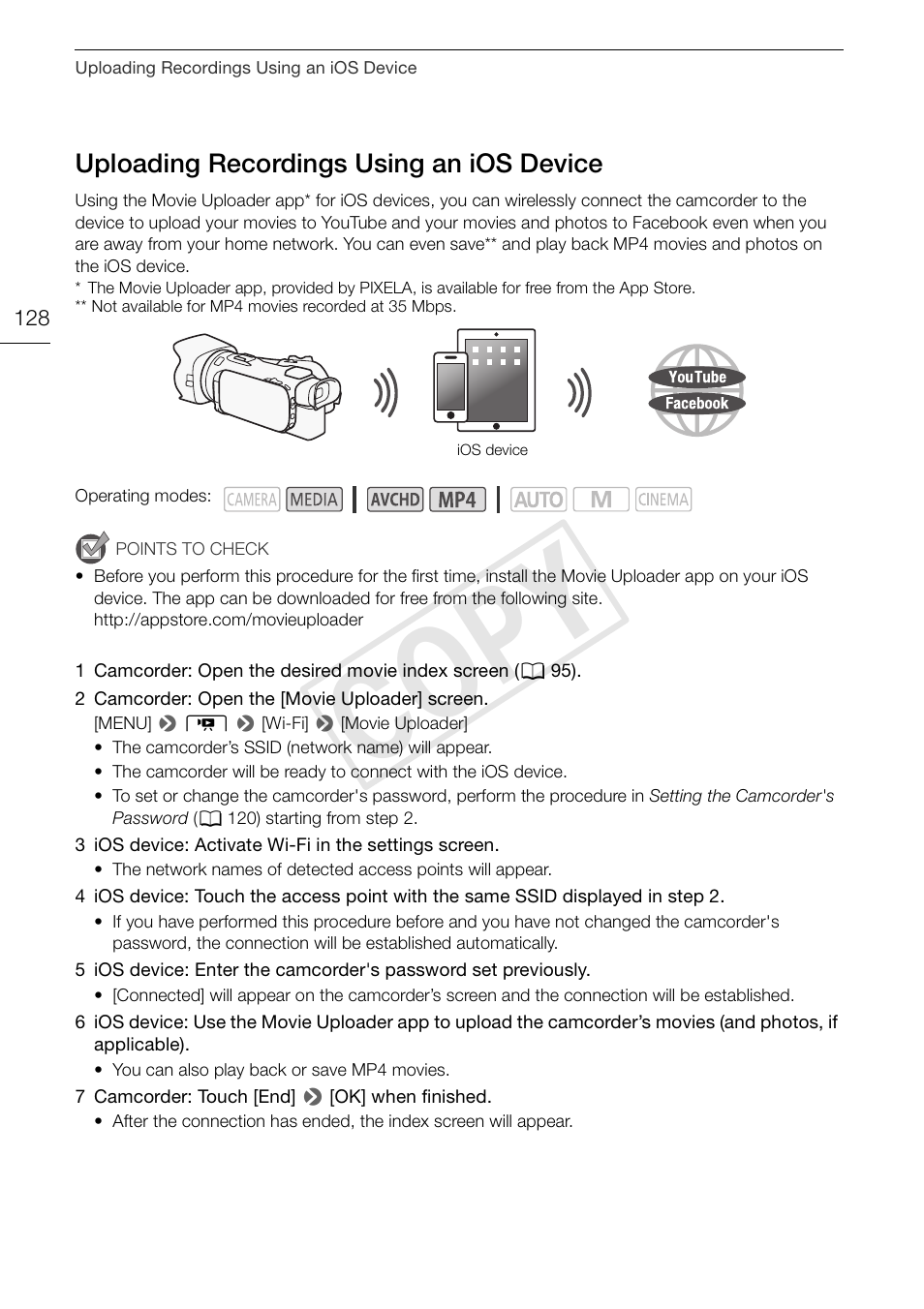 Uploading recordings using an ios, Device 128, 128) t | Cop y, Uploading recordings using an ios device | Canon VIXIA HF G30 User Manual | Page 128 / 189