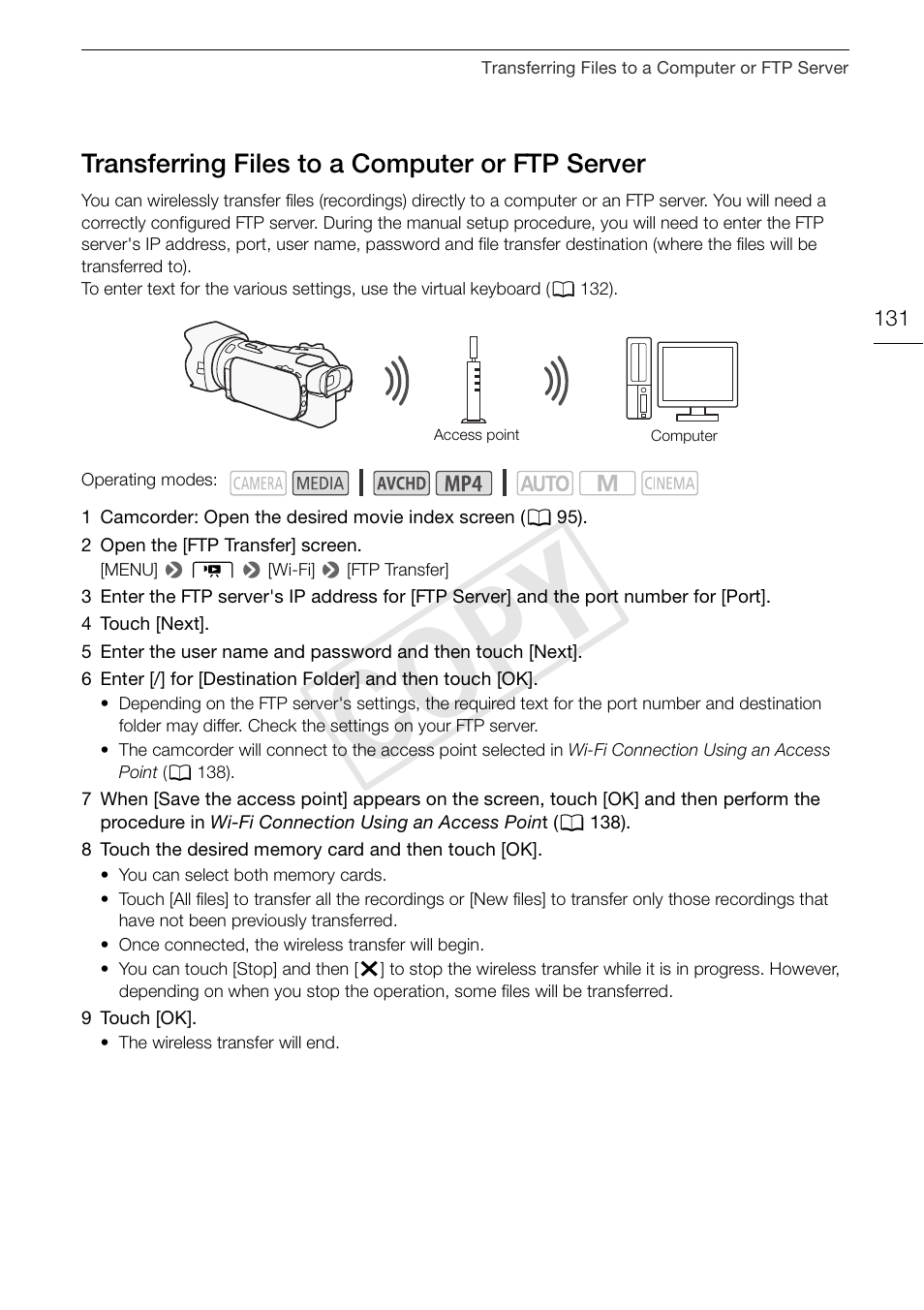 Transferring files to a computer or ftp, Server 131, Cop y | Canon VIXIA HF G30 User Manual | Page 131 / 189