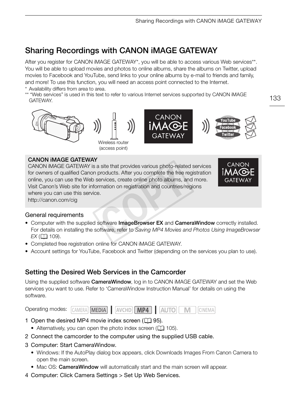 Sharing recordings with canon image, Camcorder 133, Cop y | Canon VIXIA HF G30 User Manual | Page 133 / 189