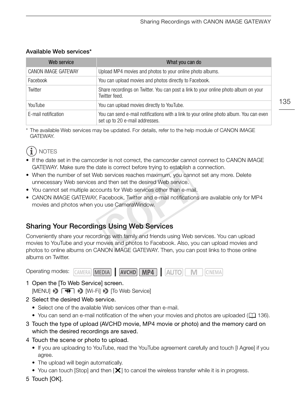 Sharing your recordings using web, Services 135, Cop y | Canon VIXIA HF G30 User Manual | Page 135 / 189