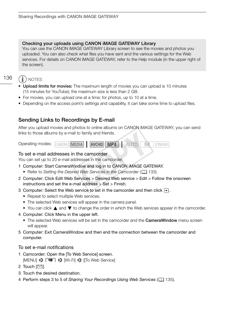 Sending links to recordings by, E-mail 136, Cop y | Canon VIXIA HF G30 User Manual | Page 136 / 189