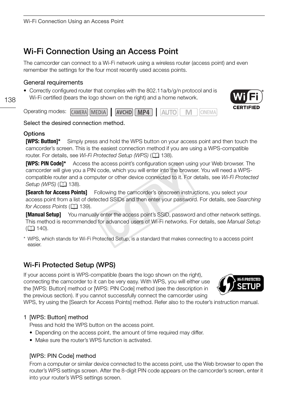 Wi-fi connection using an access, Point 138 wi-fi protected setup (wps) 138, 138). u | Cop y | Canon VIXIA HF G30 User Manual | Page 138 / 189