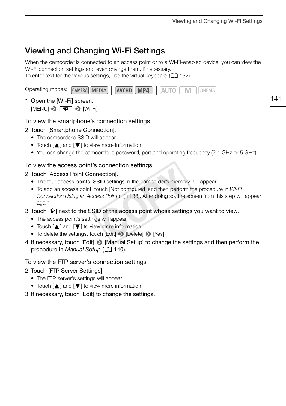 Viewing and changing wi-fi, Settings 141, Cop y | Viewing and changing wi-fi settings | Canon VIXIA HF G30 User Manual | Page 141 / 189