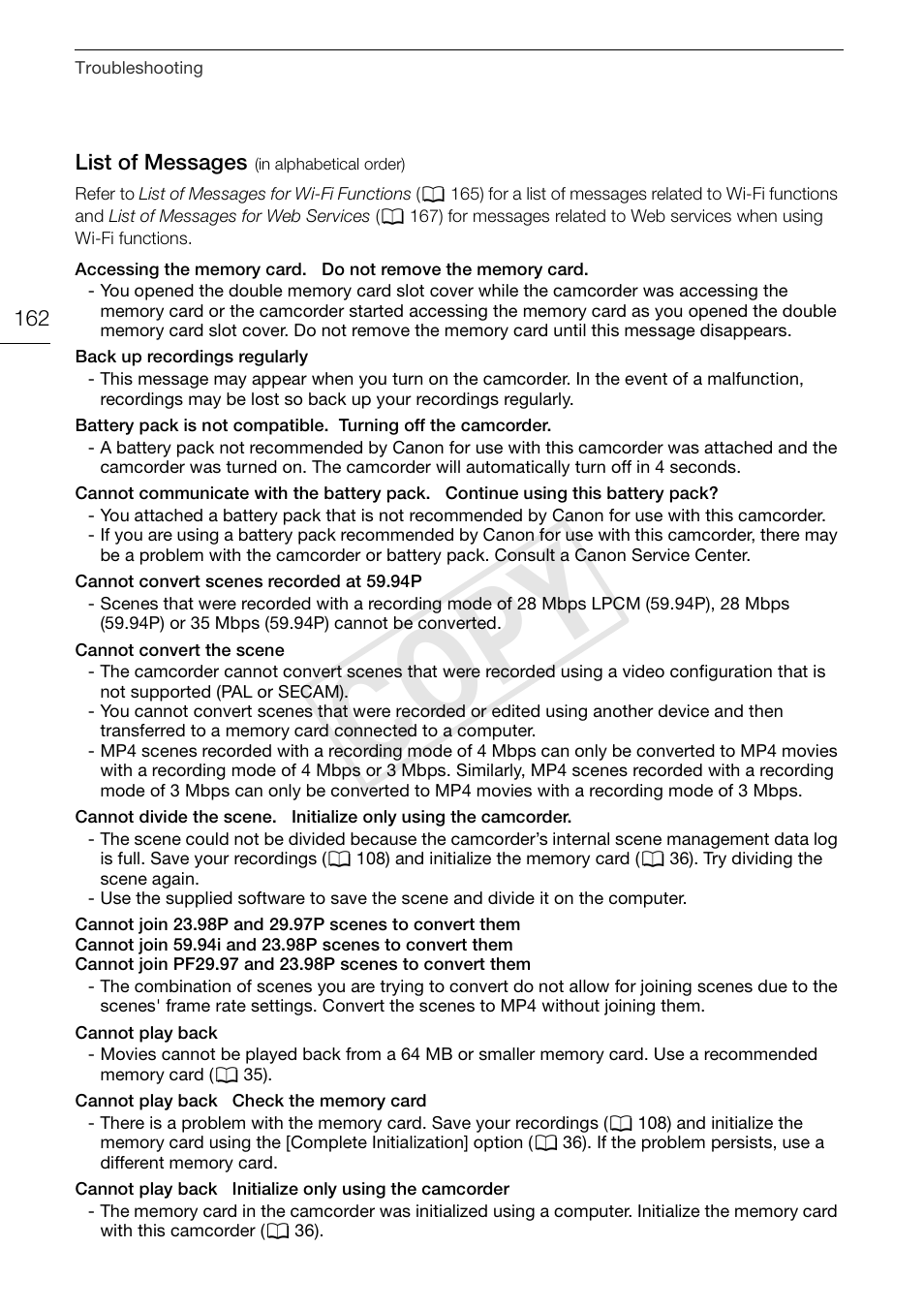 List of messages 162, Cop y | Canon VIXIA HF G30 User Manual | Page 162 / 189