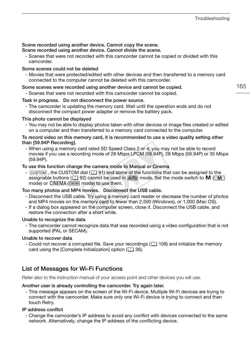 List of messages for wi-fi, Functions 165, Cop y | Canon VIXIA HF G30 User Manual | Page 165 / 189