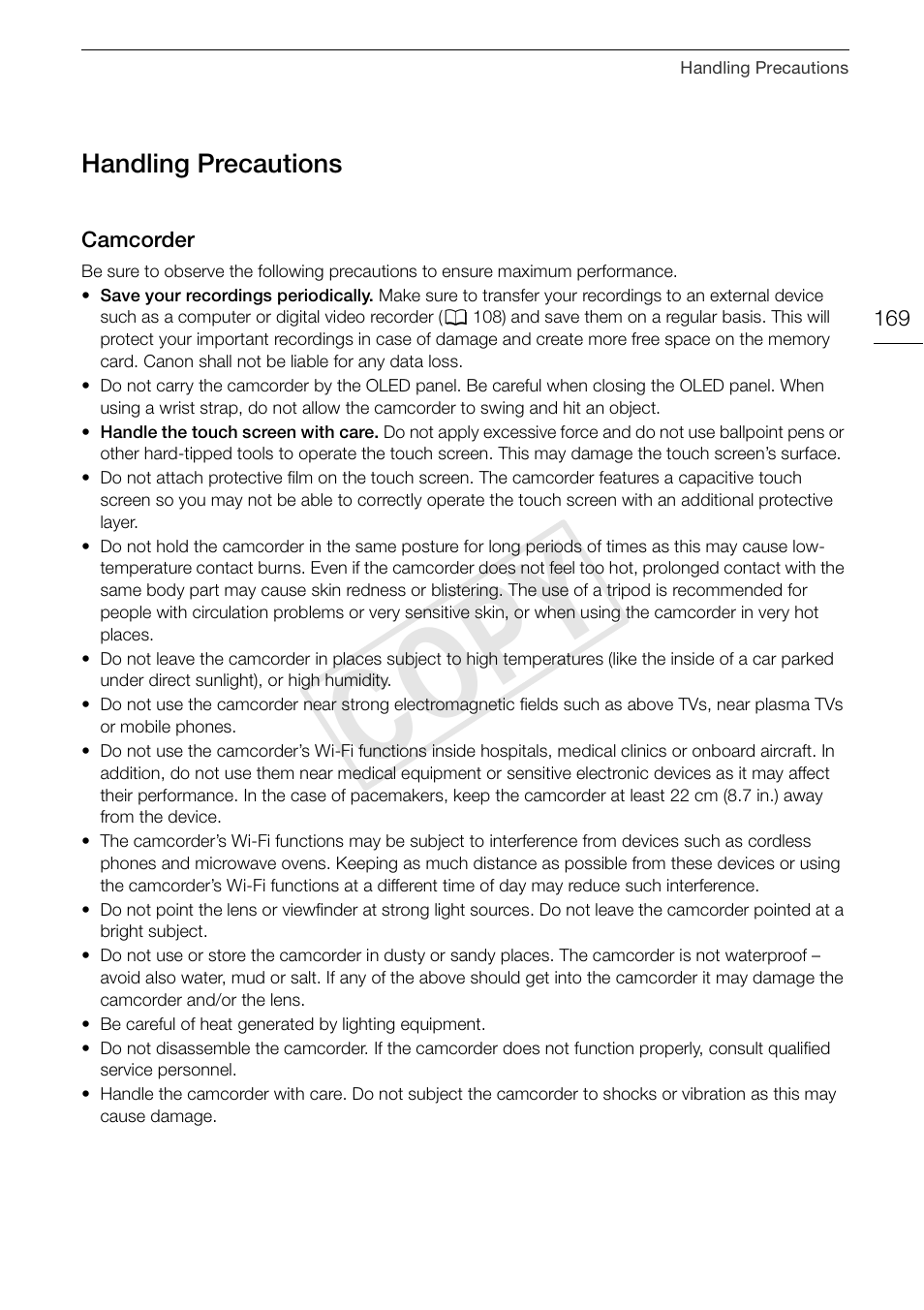 Handling precautions 169, Camcorder 169, Cop y | Canon VIXIA HF G30 User Manual | Page 169 / 189