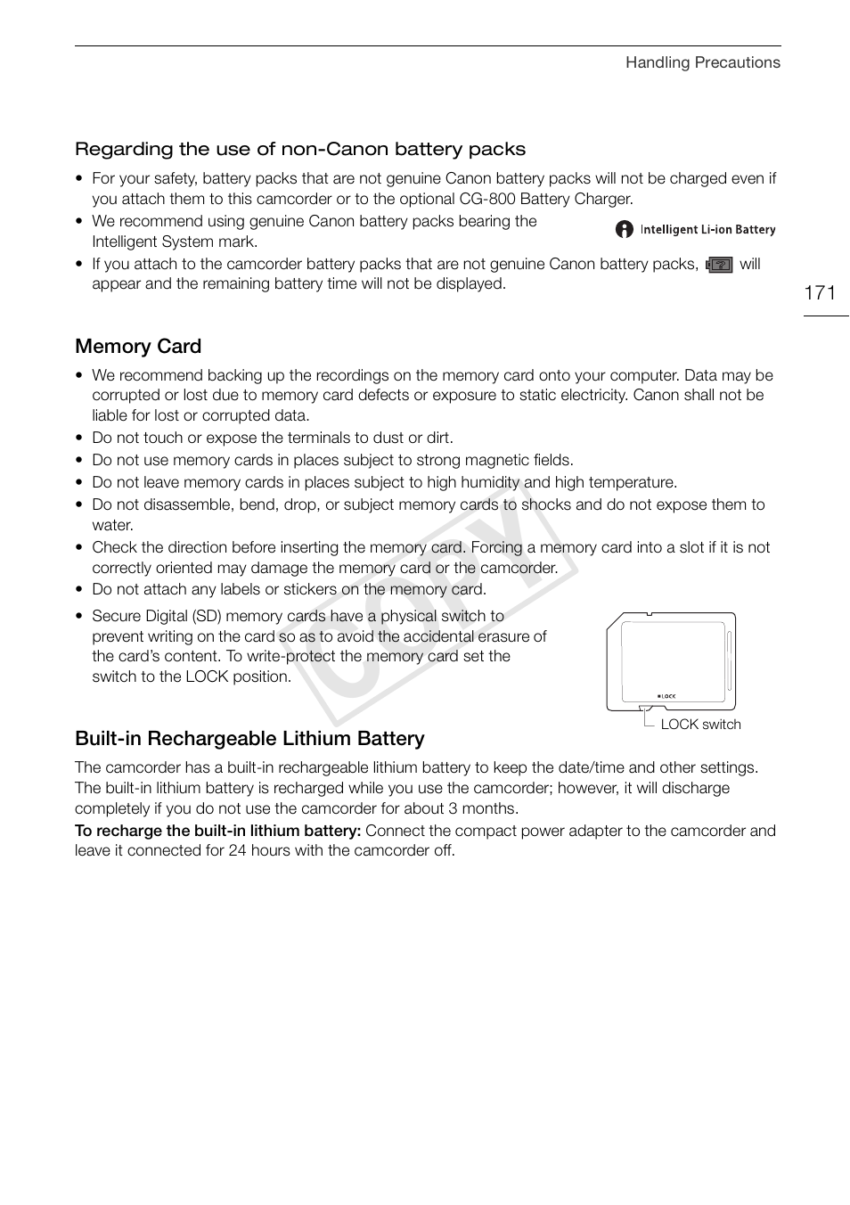Memory card 171 built-in rechargeable lithium, Battery 171, Cop y | Canon VIXIA HF G30 User Manual | Page 171 / 189