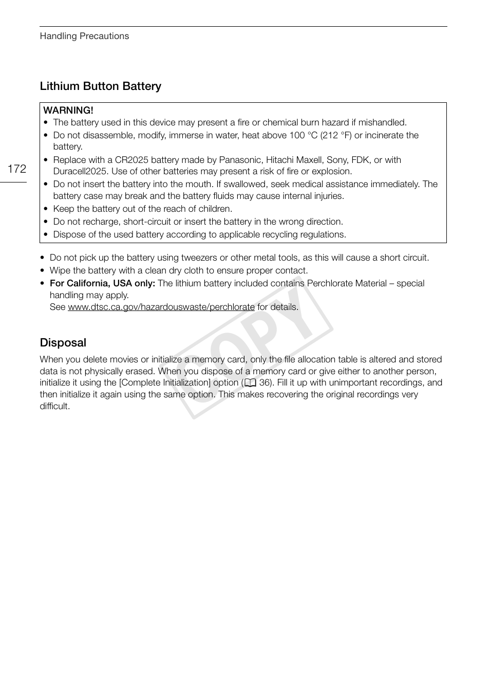 Lithium button battery 172 disposal 172, Cop y | Canon VIXIA HF G30 User Manual | Page 172 / 189