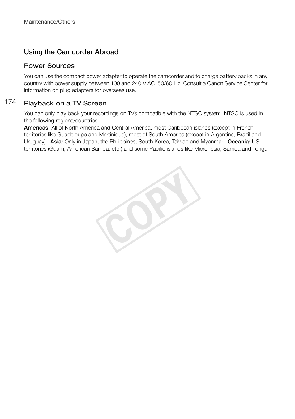 Using the camcorder abroad 174, Cop y | Canon VIXIA HF G30 User Manual | Page 174 / 189