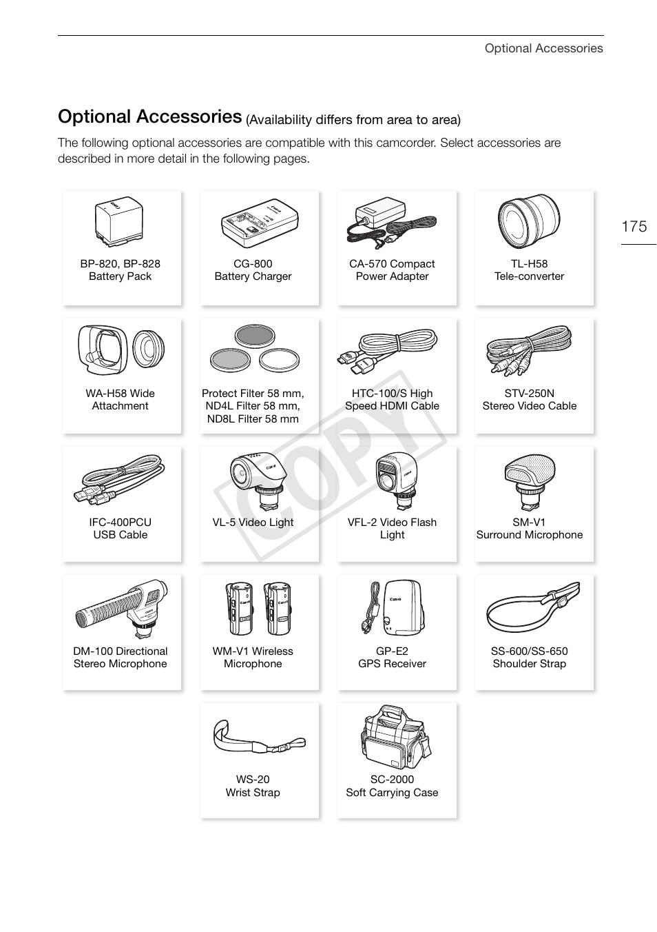 Optional accessories 175, Cop y, Optional accessories | Canon VIXIA HF G30 User Manual | Page 175 / 189