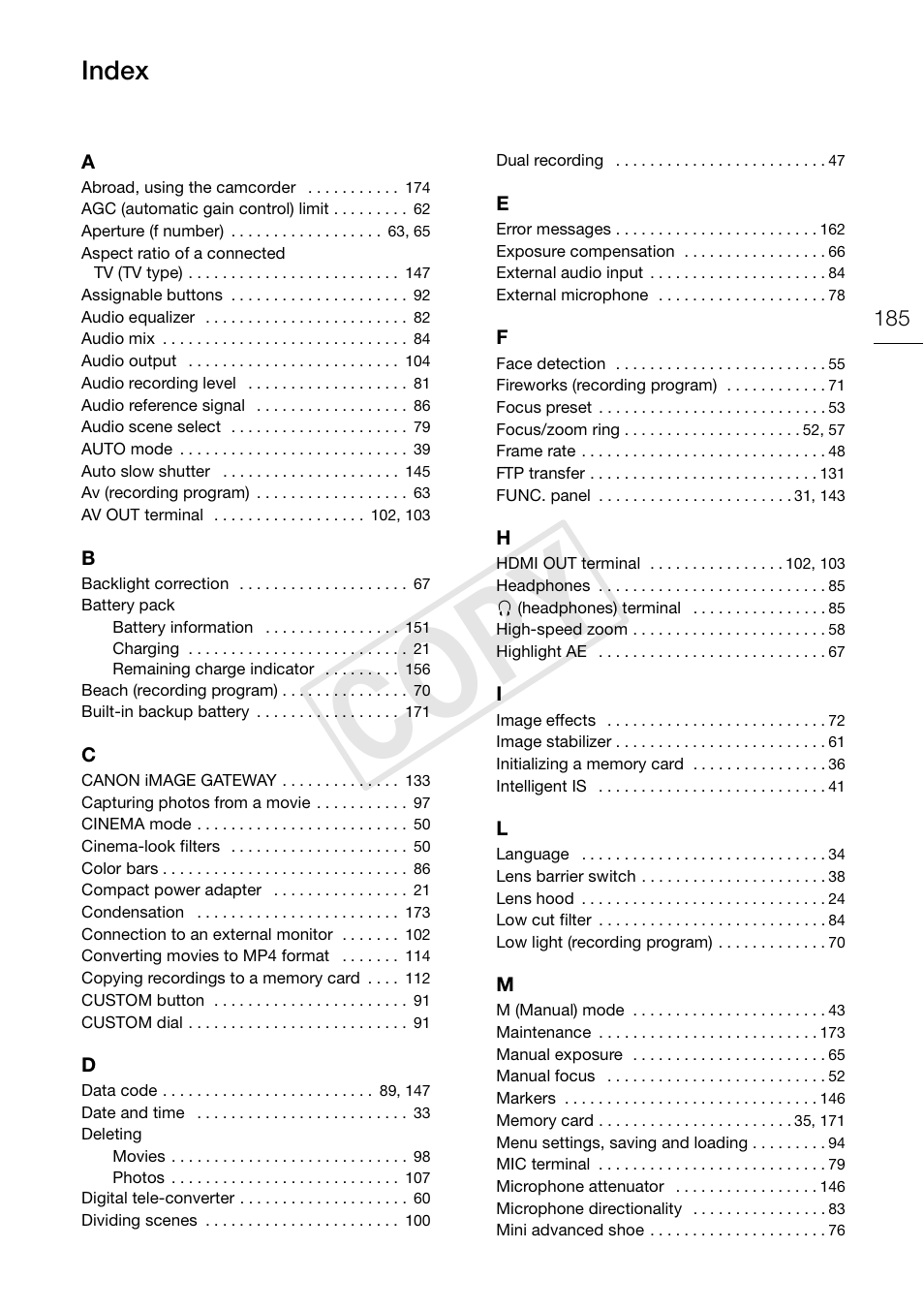 Index 185, C op y, Index | Canon VIXIA HF G30 User Manual | Page 185 / 189