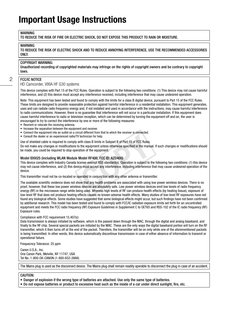 Cop y, Important usage instructions | Canon VIXIA HF G30 User Manual | Page 2 / 189