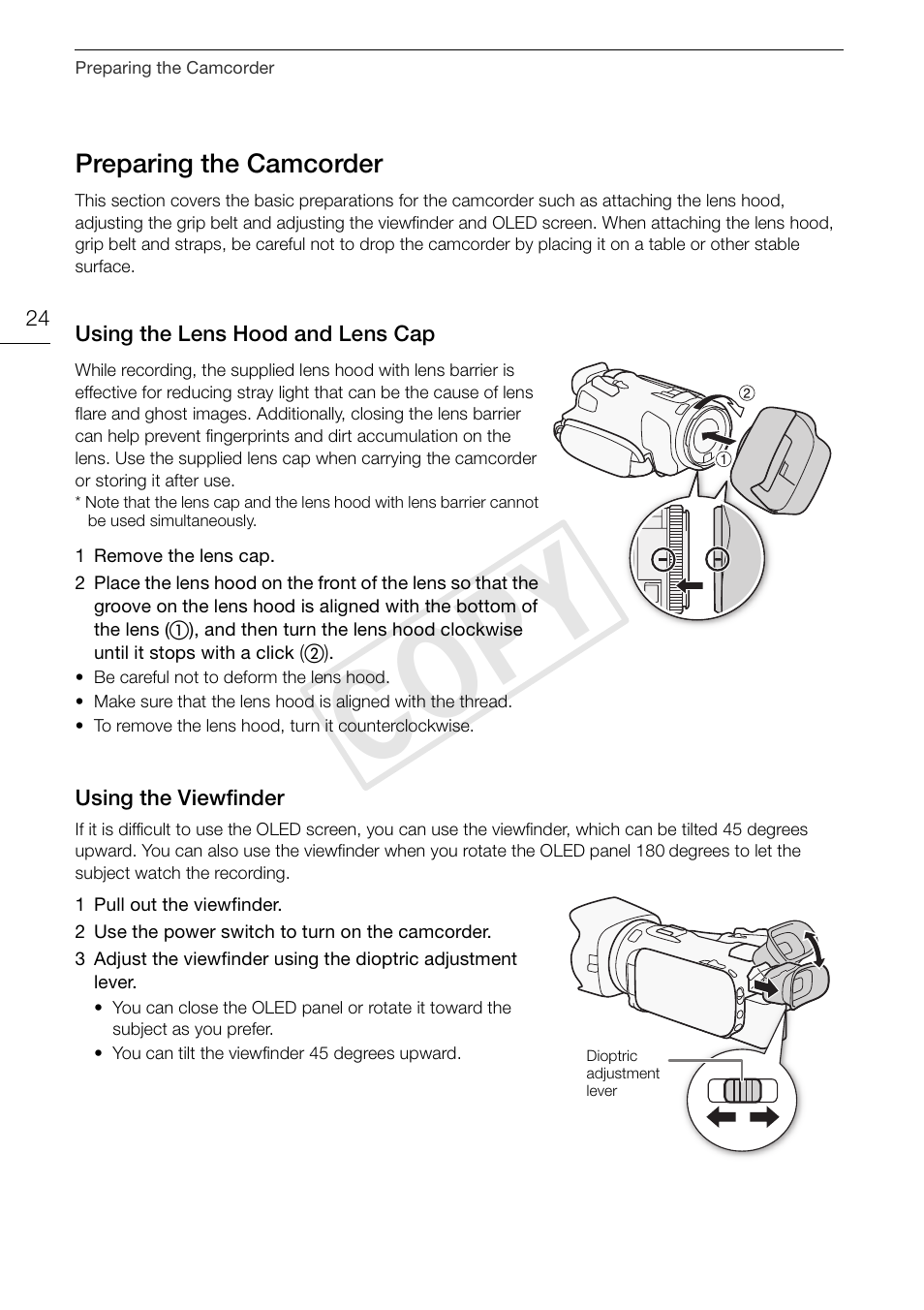 Preparing the camcorder 24, Cop y | Canon VIXIA HF G30 User Manual | Page 24 / 189