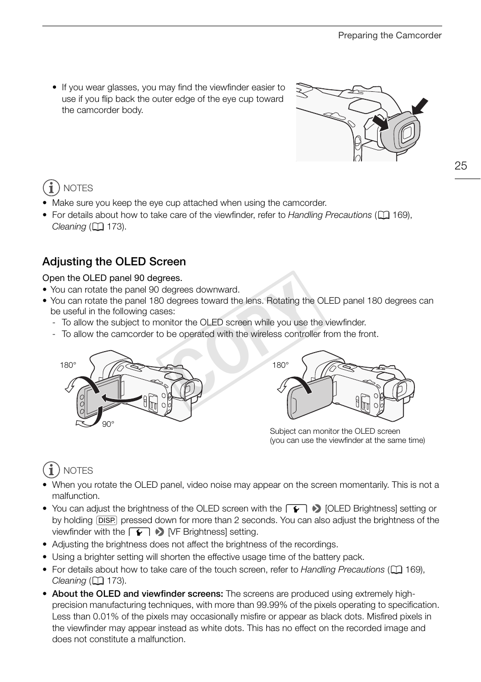 Adjusting the oled screen 25, Cop y | Canon VIXIA HF G30 User Manual | Page 25 / 189