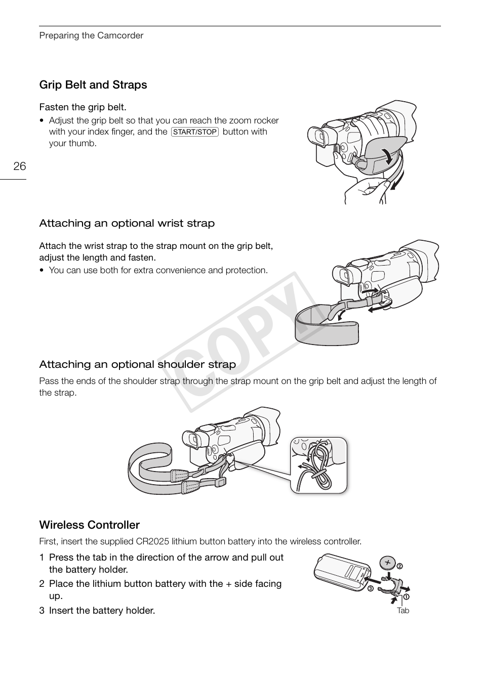 Grip belt and straps 26 wireless controller 26, Cop y | Canon VIXIA HF G30 User Manual | Page 26 / 189