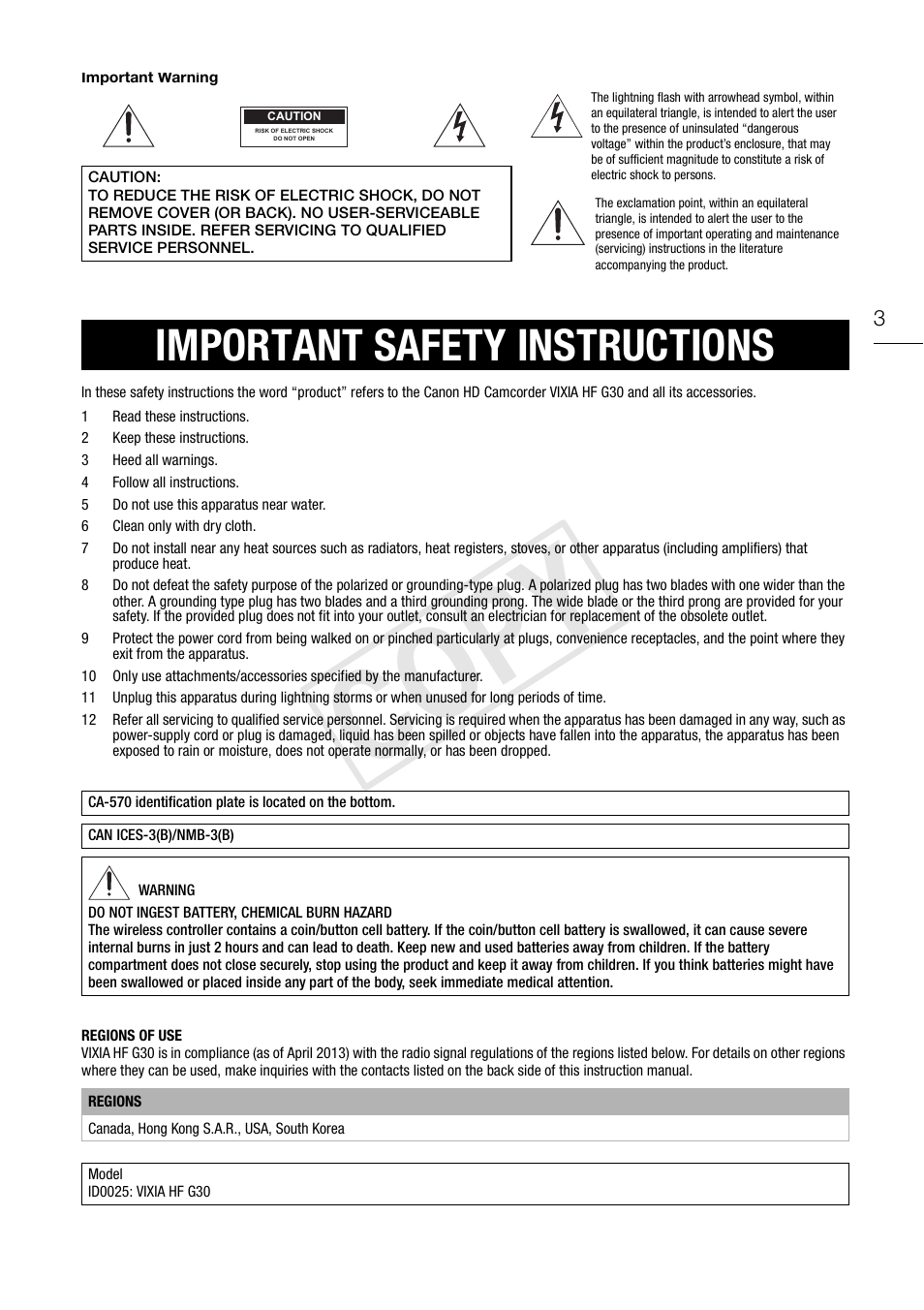 Cop y, Important safety instructions | Canon VIXIA HF G30 User Manual | Page 3 / 189