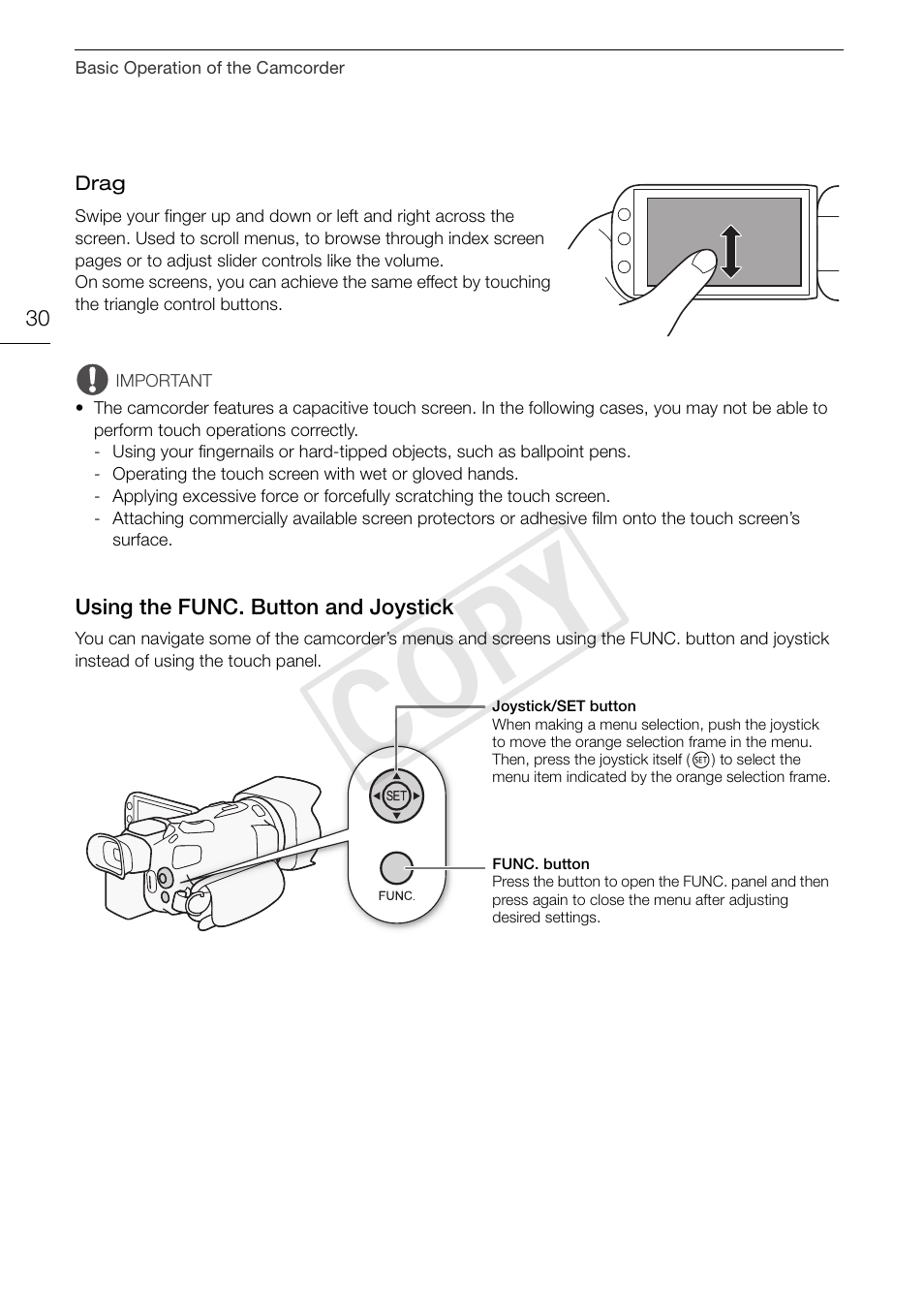 Using the func. button and, Joystick 30, 30)/s | Cop y | Canon VIXIA HF G30 User Manual | Page 30 / 189