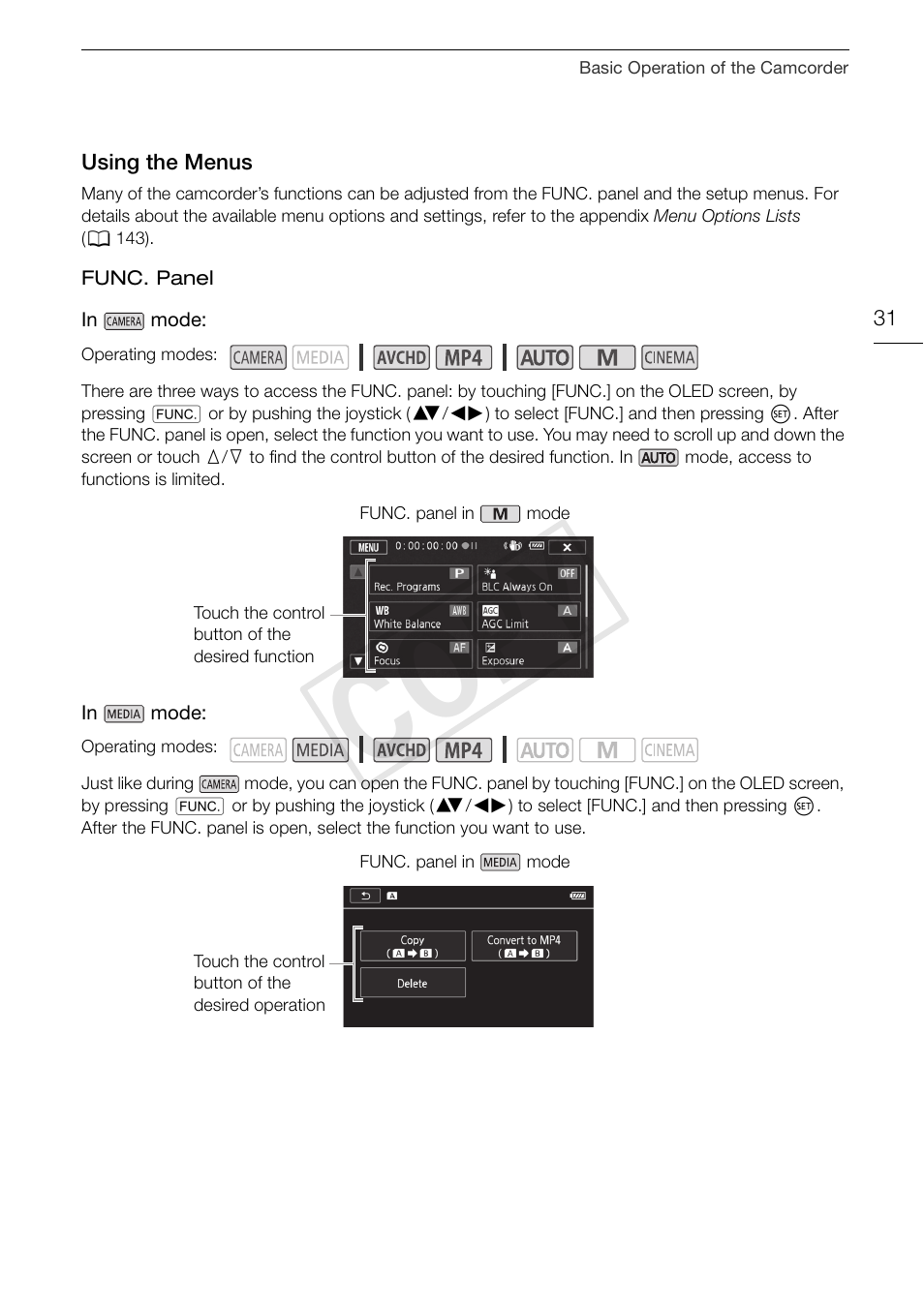 Using the menus 31, Cop y | Canon VIXIA HF G30 User Manual | Page 31 / 189
