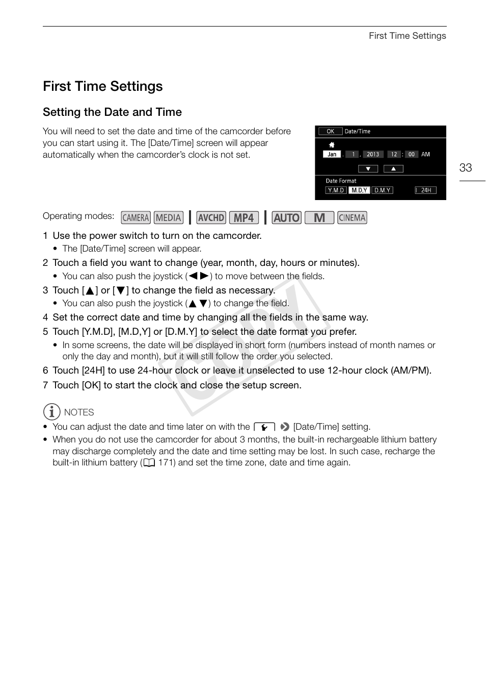First time settings 33, Setting the date and time 33, Cop y | Canon VIXIA HF G30 User Manual | Page 33 / 189