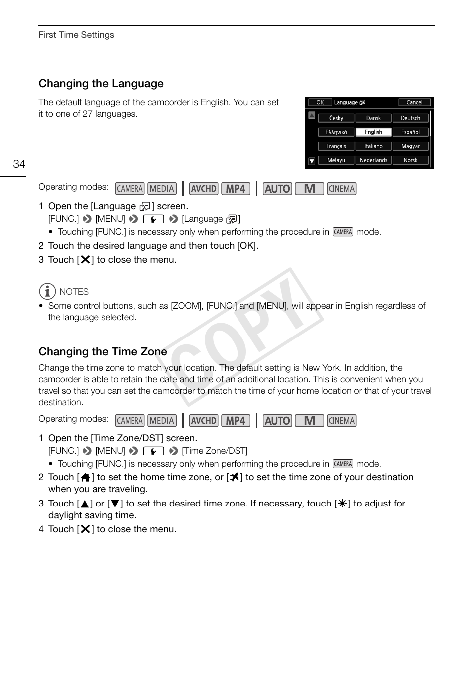 Changing the language 34 changing the time zone 34, Cop y | Canon VIXIA HF G30 User Manual | Page 34 / 189