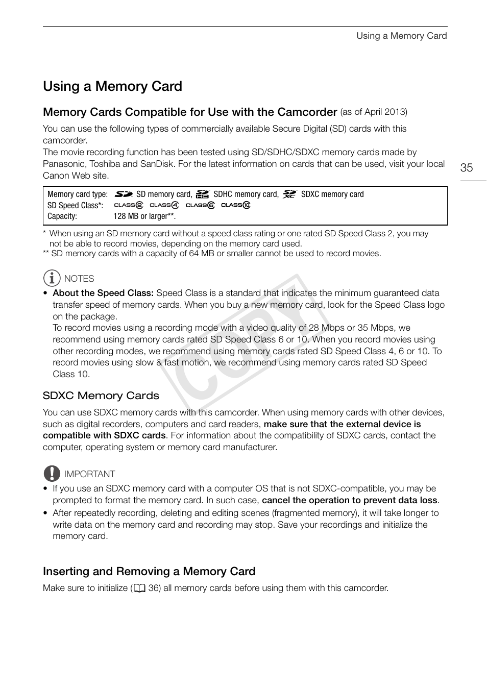 Using a memory card 35, Memory cards compatible for use with, The camcorder 35 | Inserting and removing a memory, Card 35, Cop y | Canon VIXIA HF G30 User Manual | Page 35 / 189