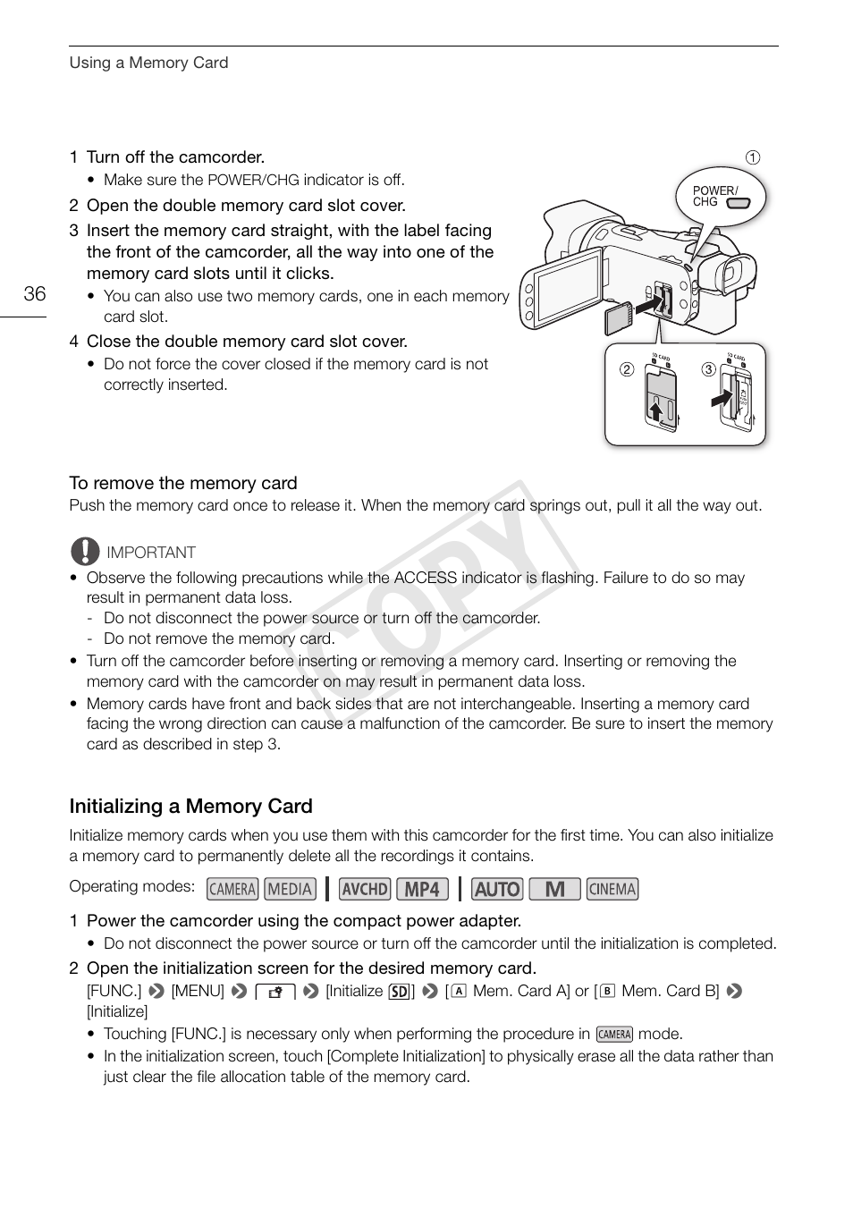 Initializing a memory card 36, Cop y | Canon VIXIA HF G30 User Manual | Page 36 / 189