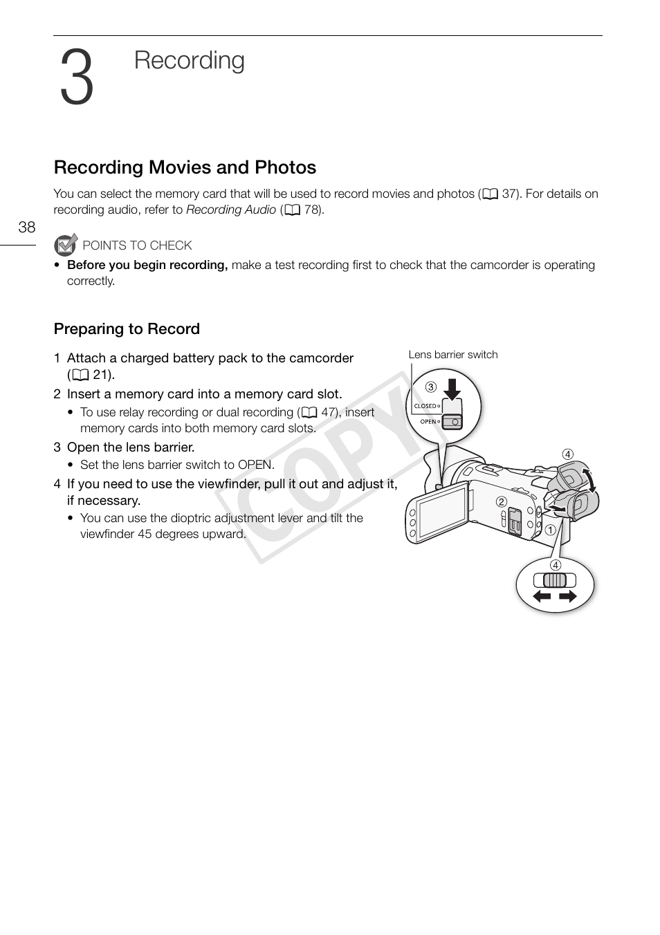 3 recording 38, Recording movies and photos 38, Preparing to record 38 | Cop y, Recording | Canon VIXIA HF G30 User Manual | Page 38 / 189