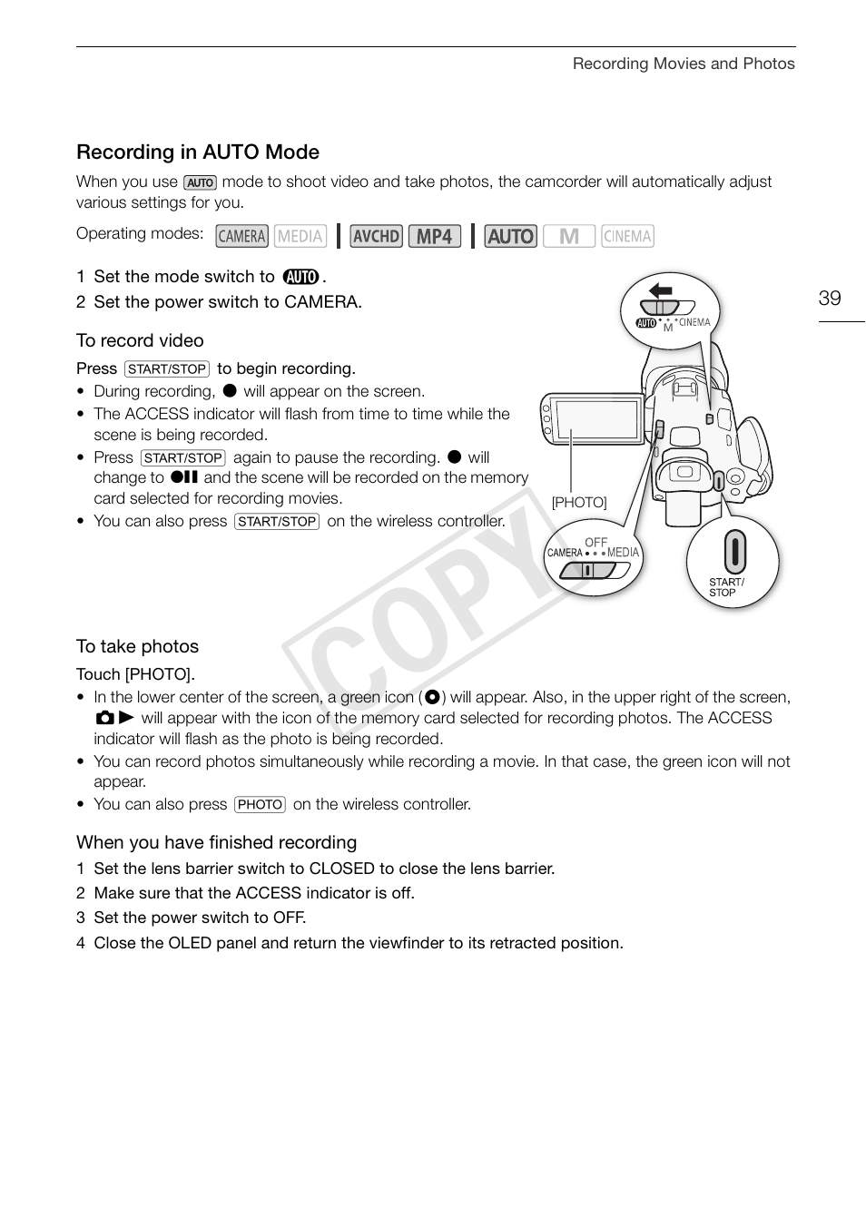Recording in auto mode 39, Cop y | Canon VIXIA HF G30 User Manual | Page 39 / 189