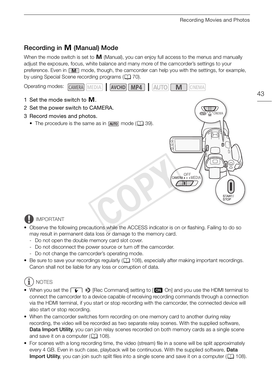 Recording in n (manual) mode 43, Cop y | Canon VIXIA HF G30 User Manual | Page 43 / 189