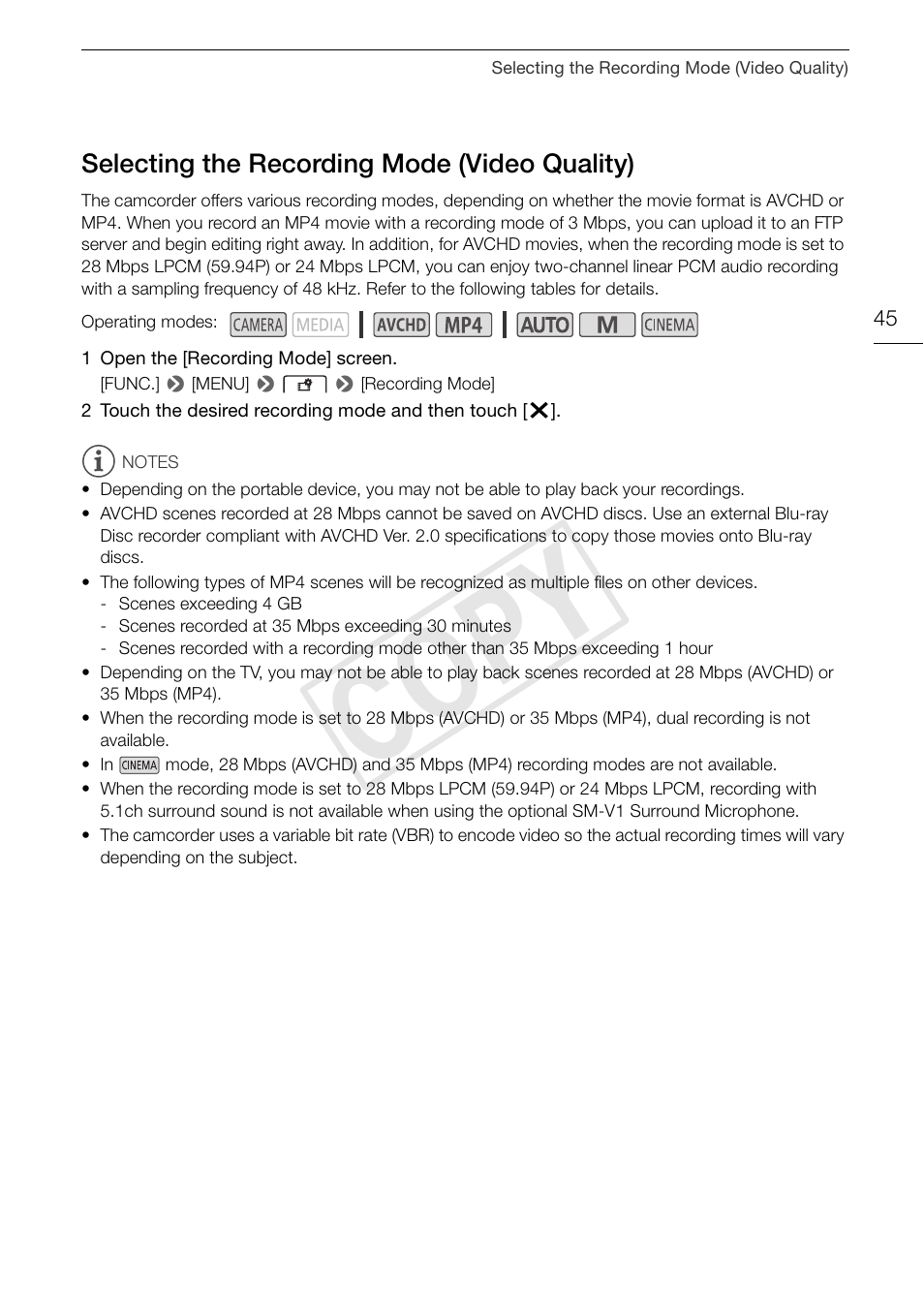 Selecting the recording mode (video, Quality) 45, Cop y | Canon VIXIA HF G30 User Manual | Page 45 / 189