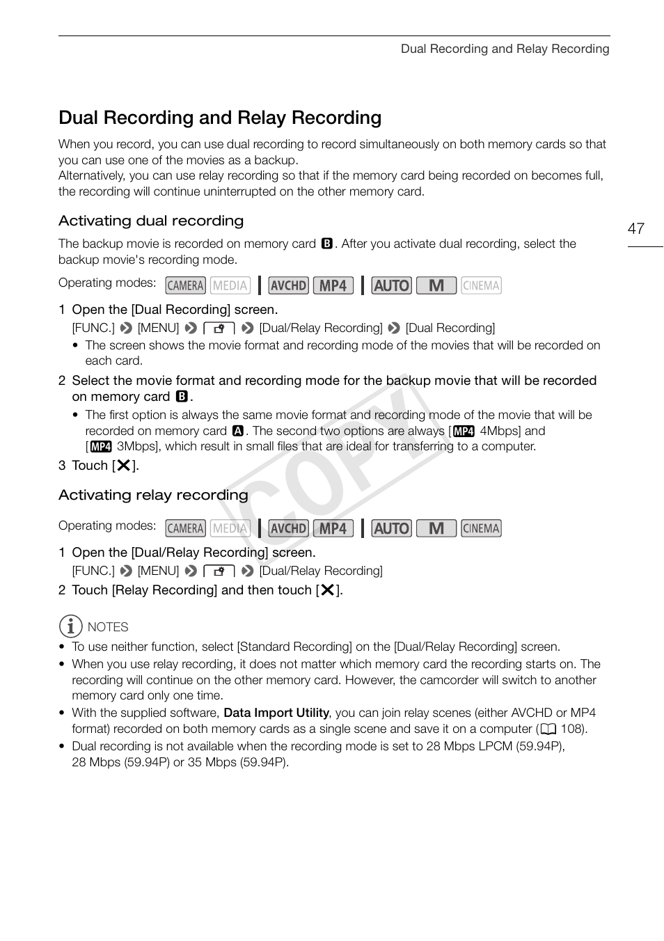 Dual recording and relay recording 47, Cop y, Dual recording and relay recording | Canon VIXIA HF G30 User Manual | Page 47 / 189