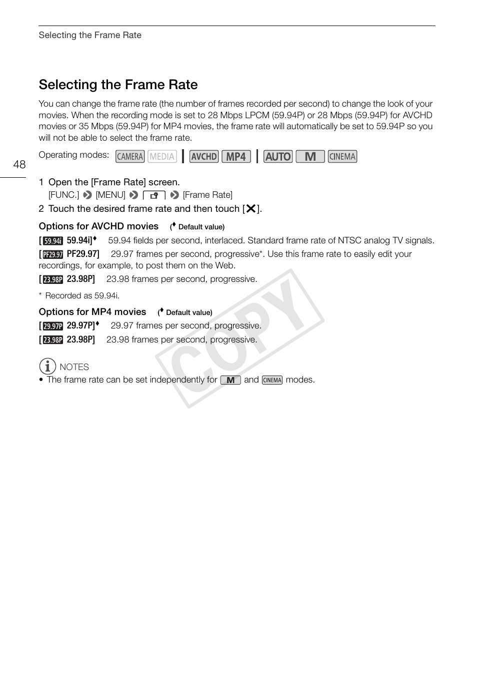 Selecting the frame rate 48, Cop y, Selecting the frame rate | Canon VIXIA HF G30 User Manual | Page 48 / 189