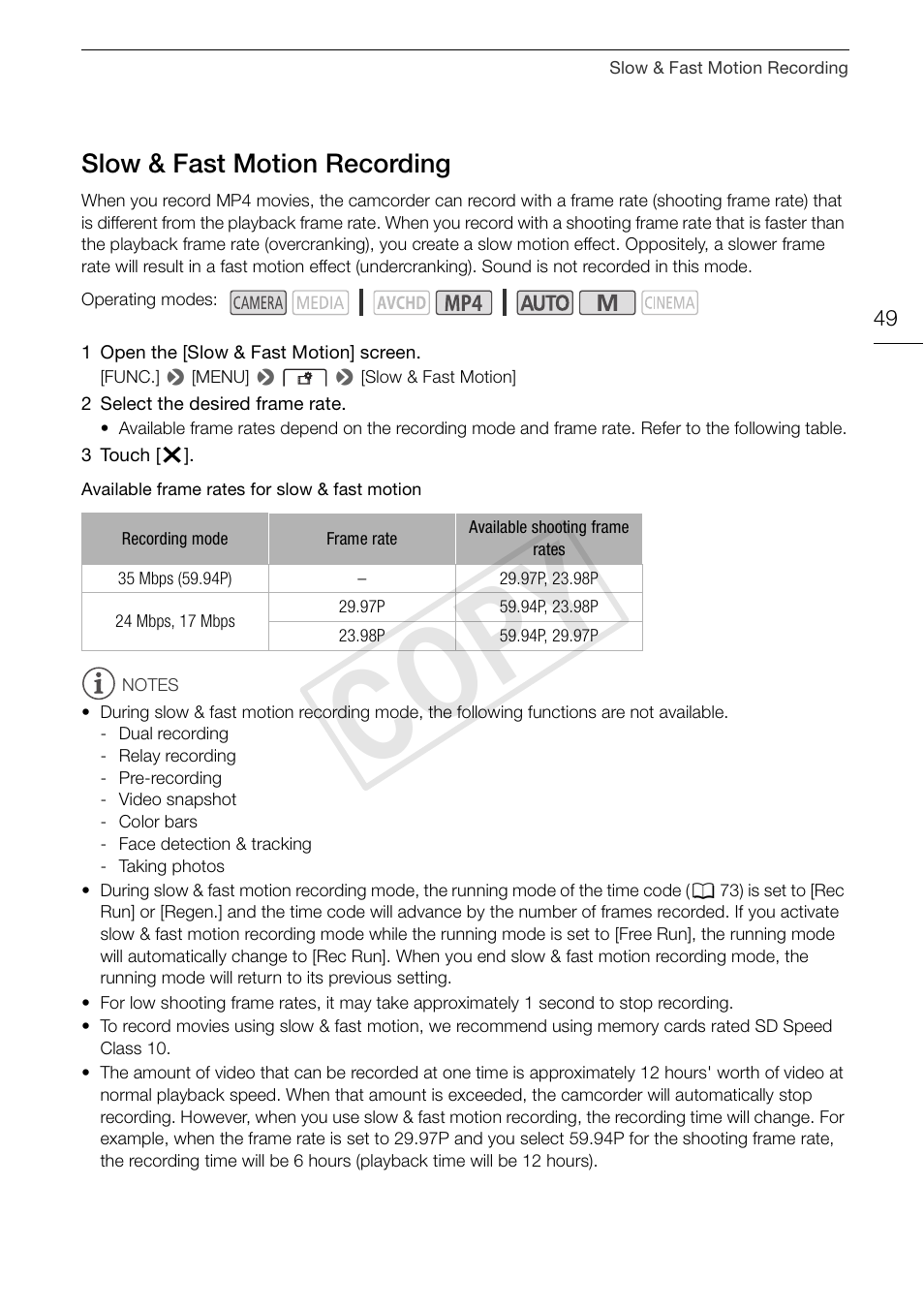 Slow & fast motion recording 49, Cop y, Slow & fast motion recording | Canon VIXIA HF G30 User Manual | Page 49 / 189