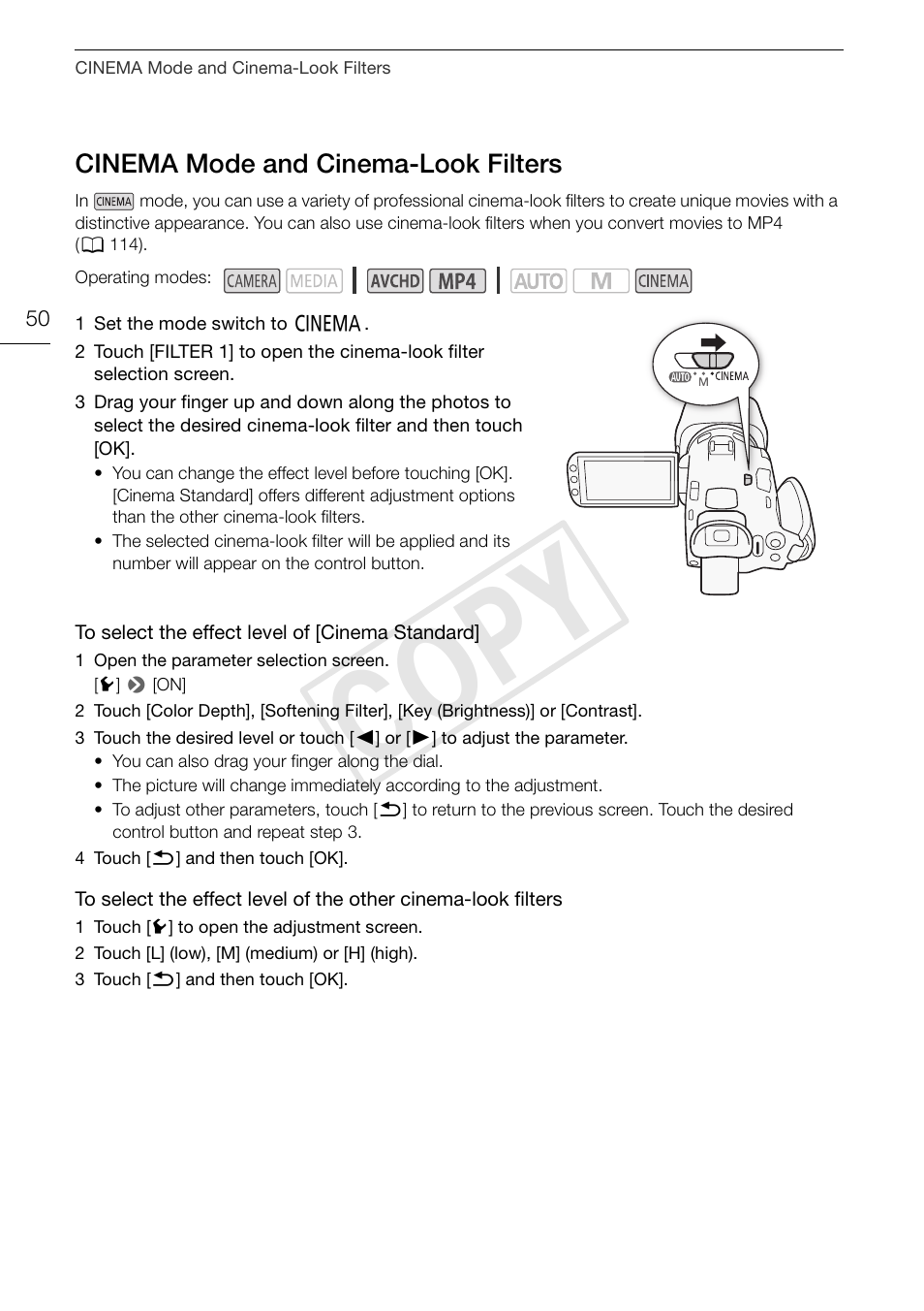 Cinema mode and cinema-look, Filters 50, Cop y | Canon VIXIA HF G30 User Manual | Page 50 / 189