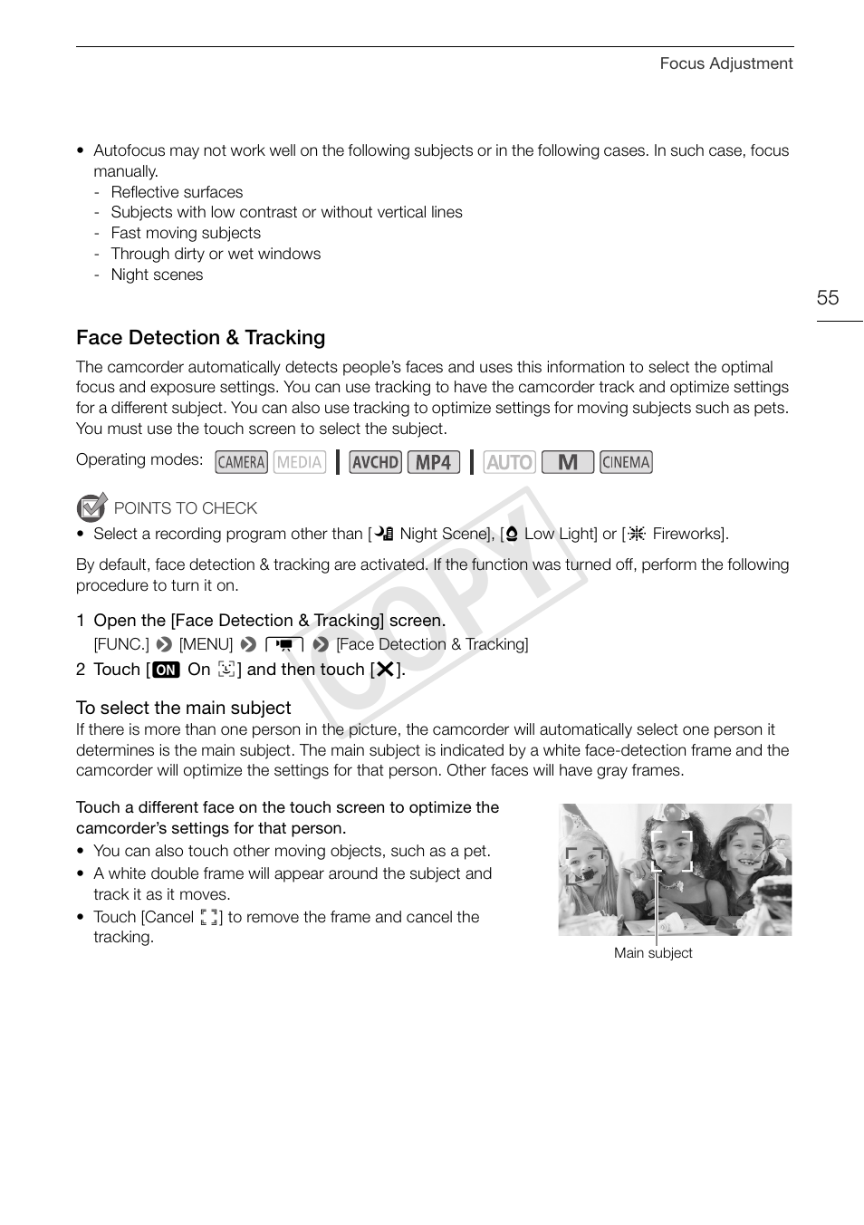 Face detection & tracking 55, Cop y | Canon VIXIA HF G30 User Manual | Page 55 / 189