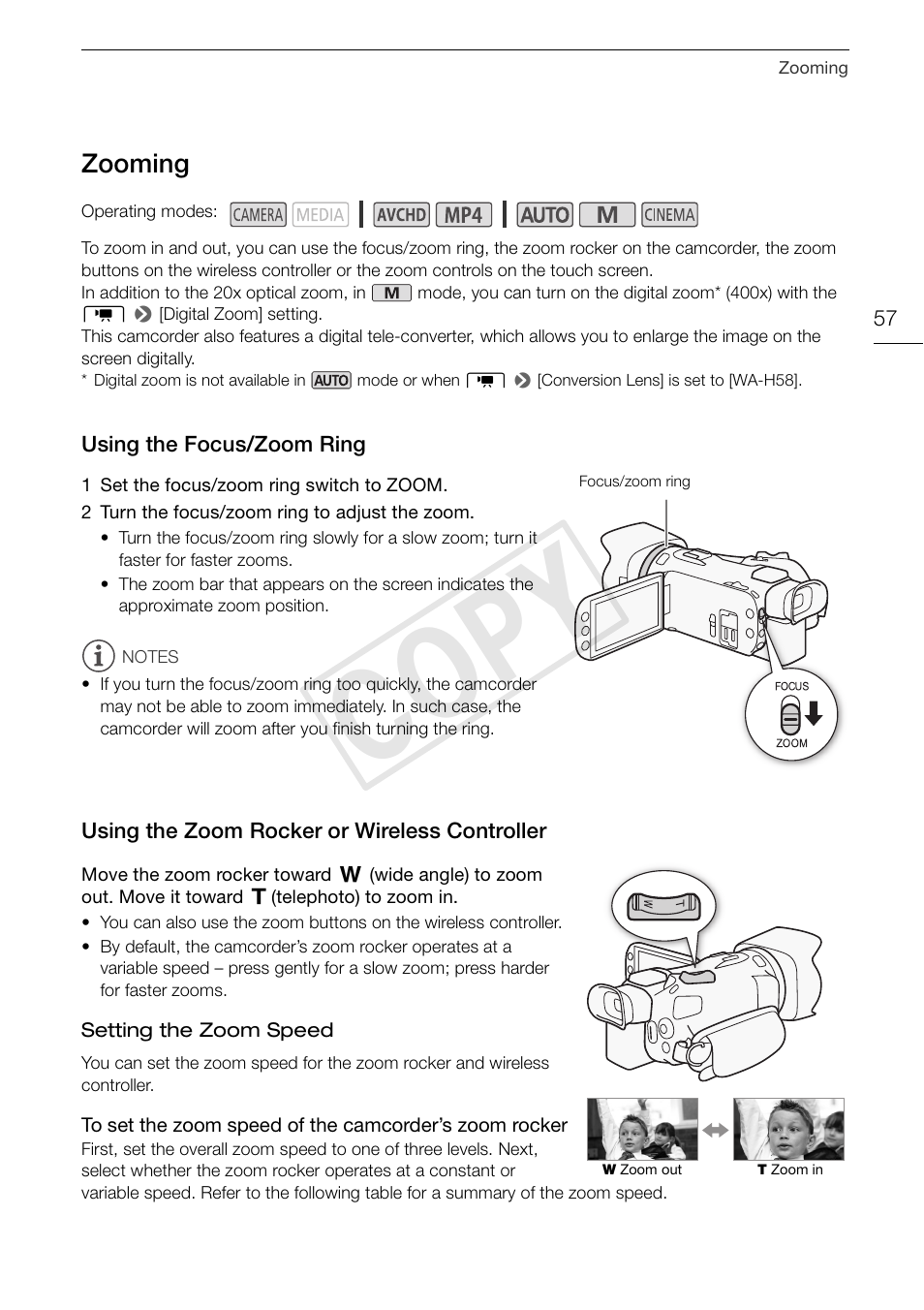 Zooming 57, Controller 57, Cop y | Zooming | Canon VIXIA HF G30 User Manual | Page 57 / 189